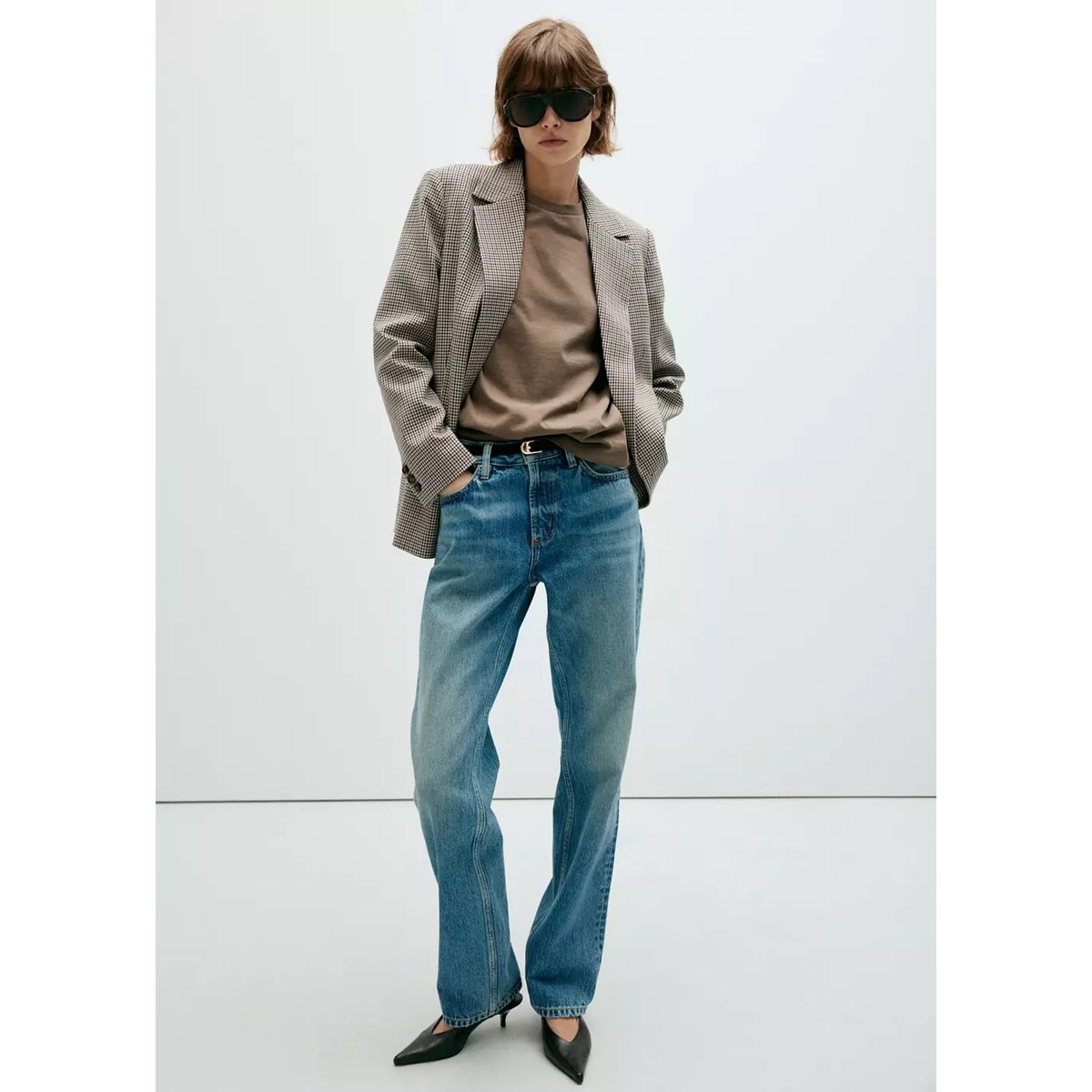 Blazer croisé micro pied-de-poule marron, MANGO