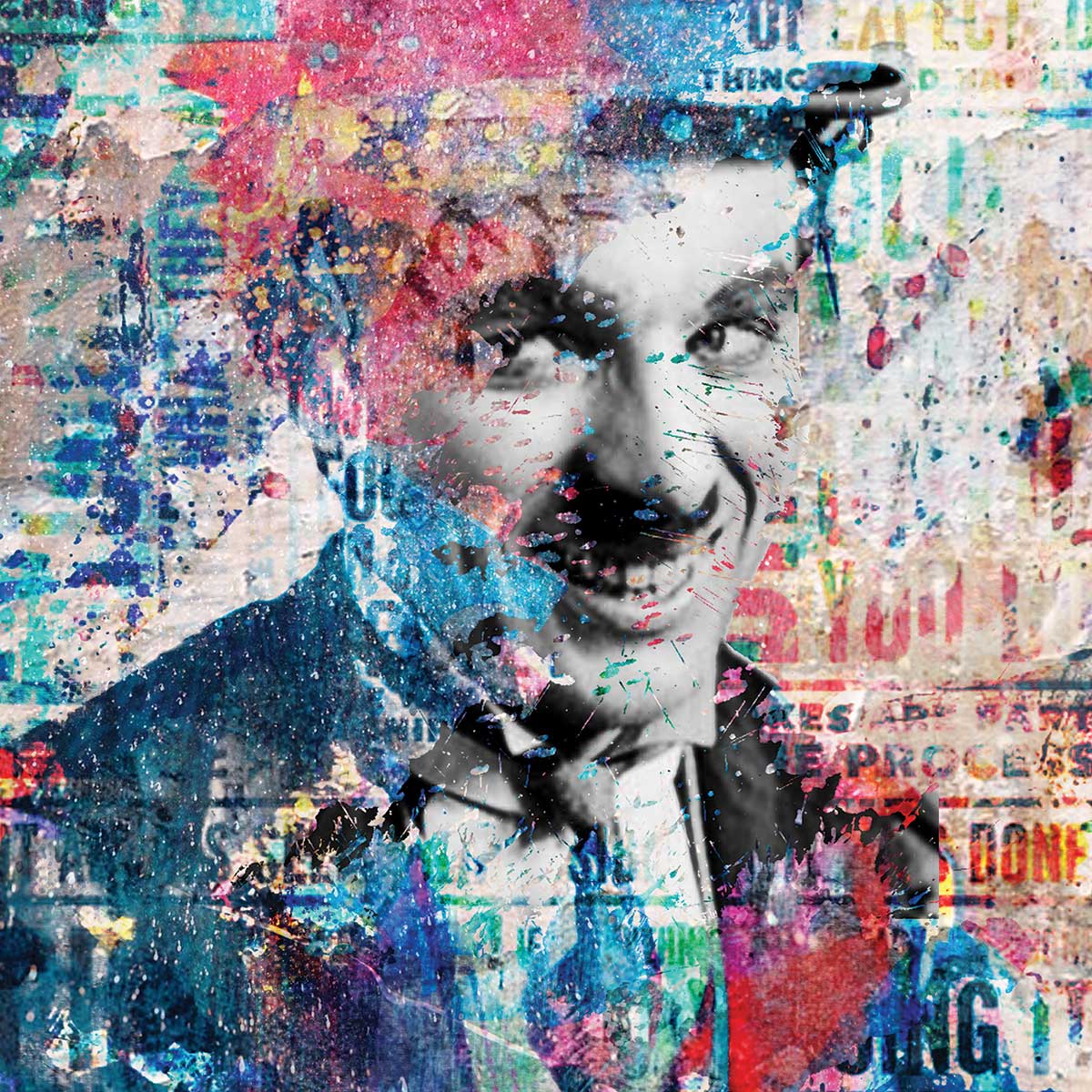 Affiche illustration graffiti chaplin affiche + cadre en bois - noir, HEXOA
