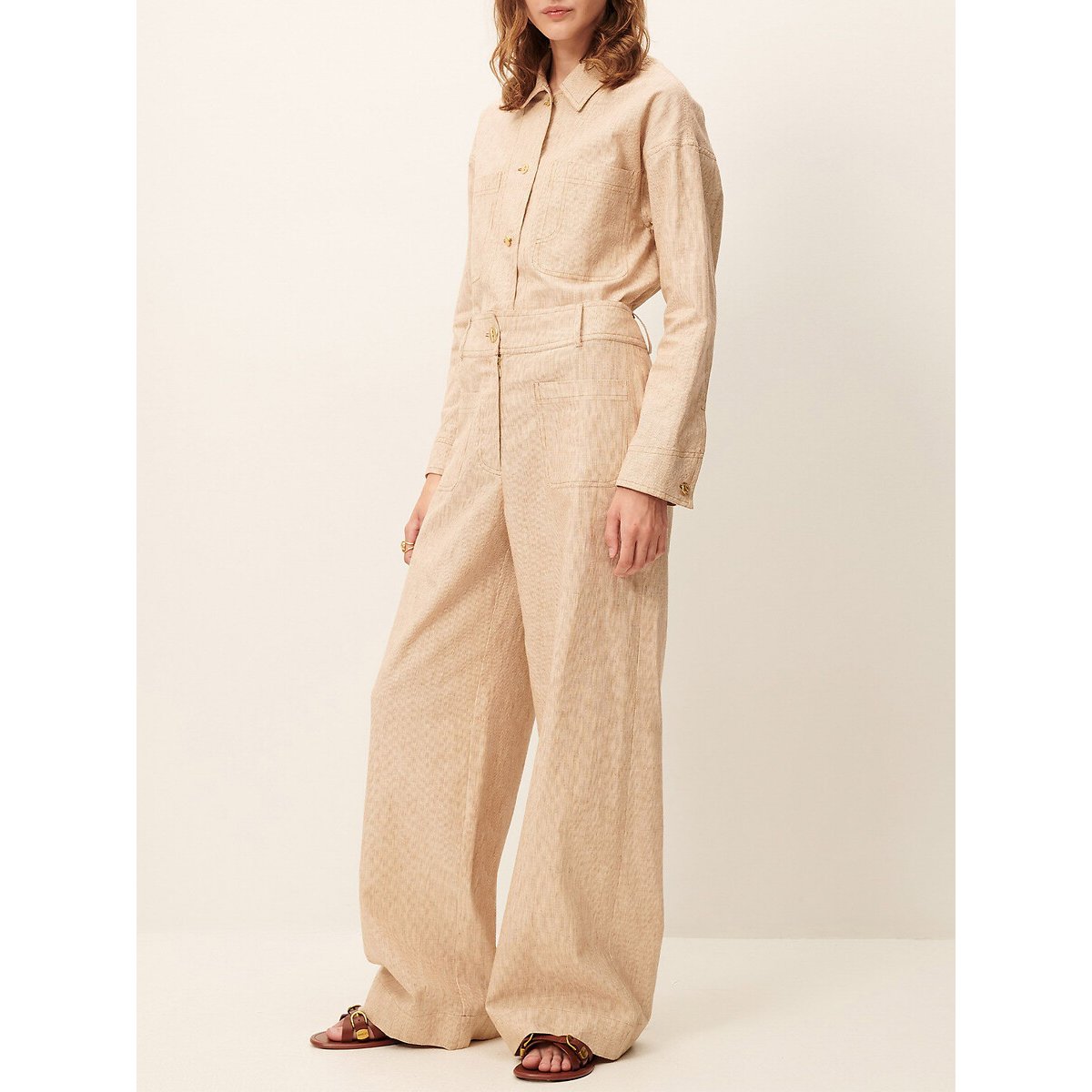 Pantaloni larghi e svasati a righe sottili, MANHATTI beige, SESSUN