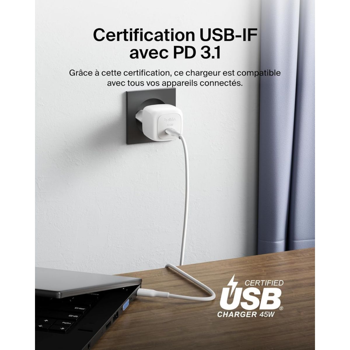 Chargeur 45W USB charge rapide & 1M C-C blanc couleur unique, BELKIN