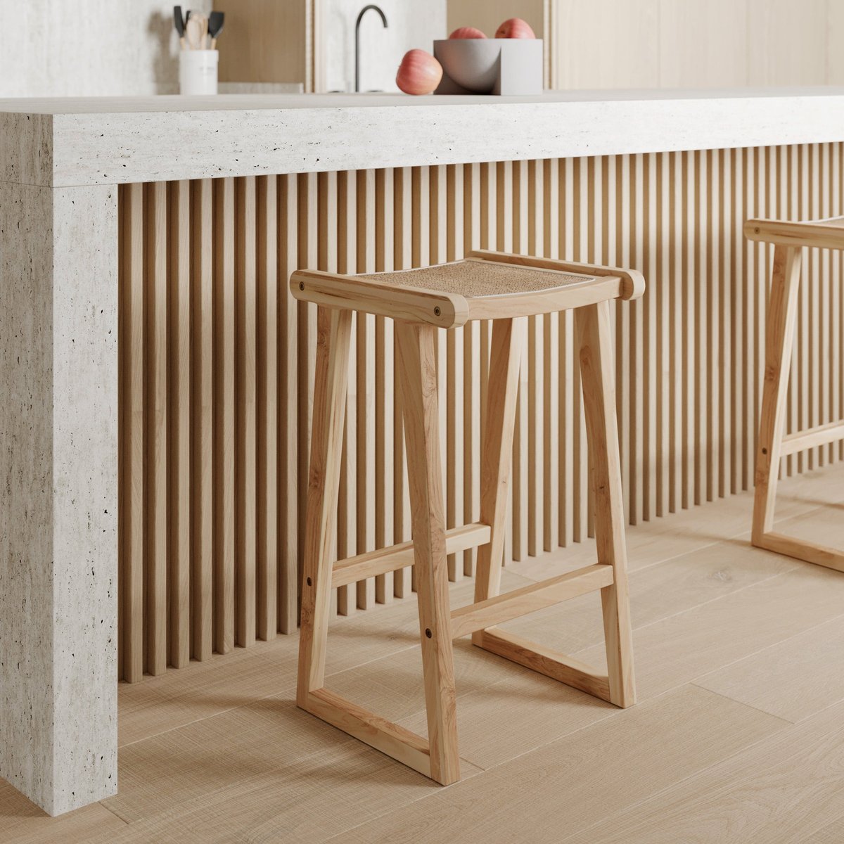 Tabouret pour îlot central 66 cm en teck et rotin - HAIDA naturel, MAISON PAVANE
