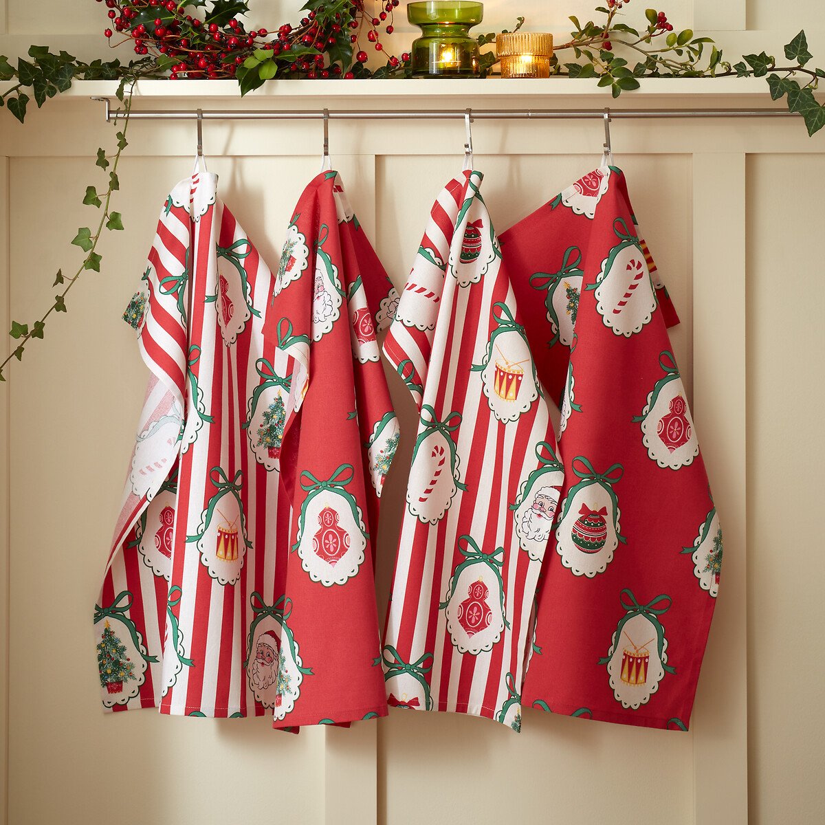 Vintage Stripe Christmas Cotton Kitchen Tea Towel Pack Of 4 red, CATHERINE LANSFIELD