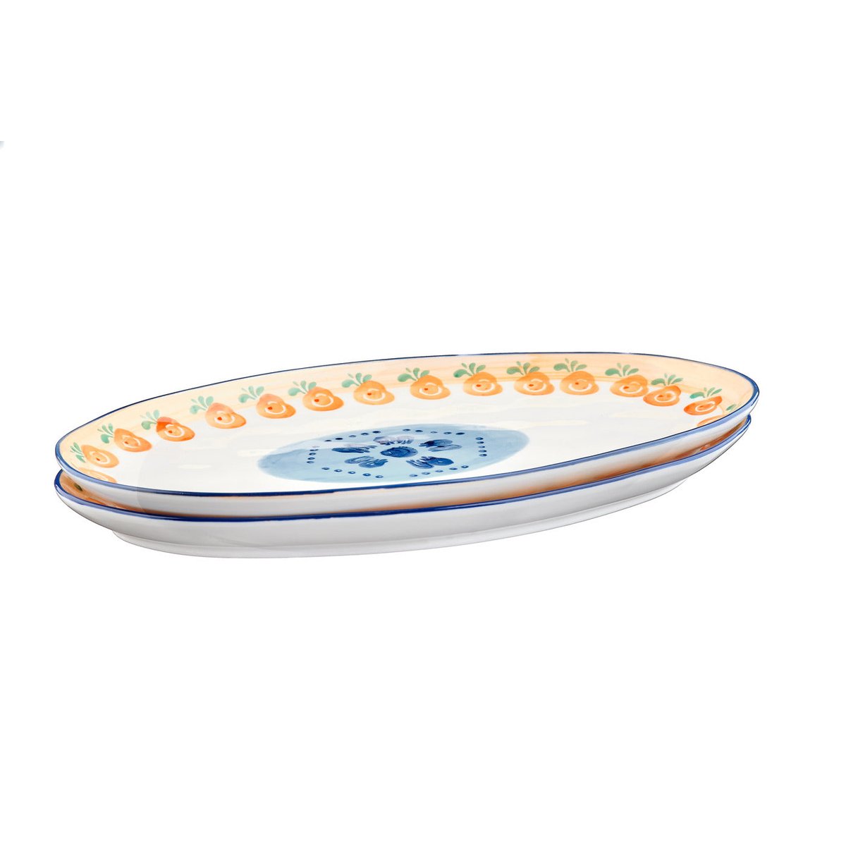 Lot de 2 plateaux & plats à four en porcelaine de haute qualité (grade a), peinte à la main, NAPOLI blanc, orange, bleu et vert, BJORN