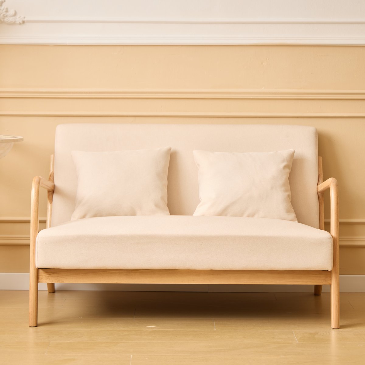 Banquette 2 places, bois massif et tissu beige, NORDLYS
