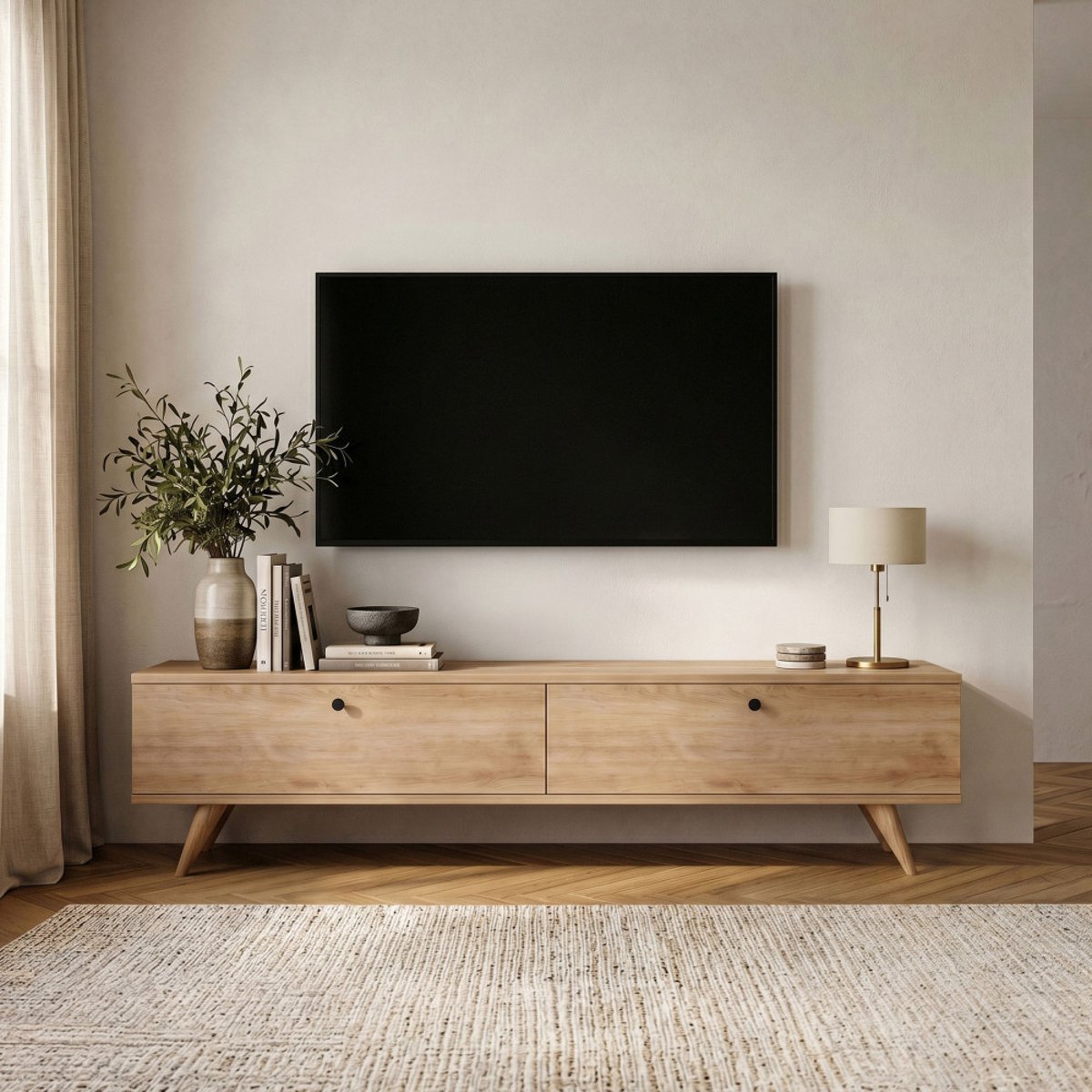Meuble TV 2 portes en bois L140cm- YARA bois clair, DRAWER