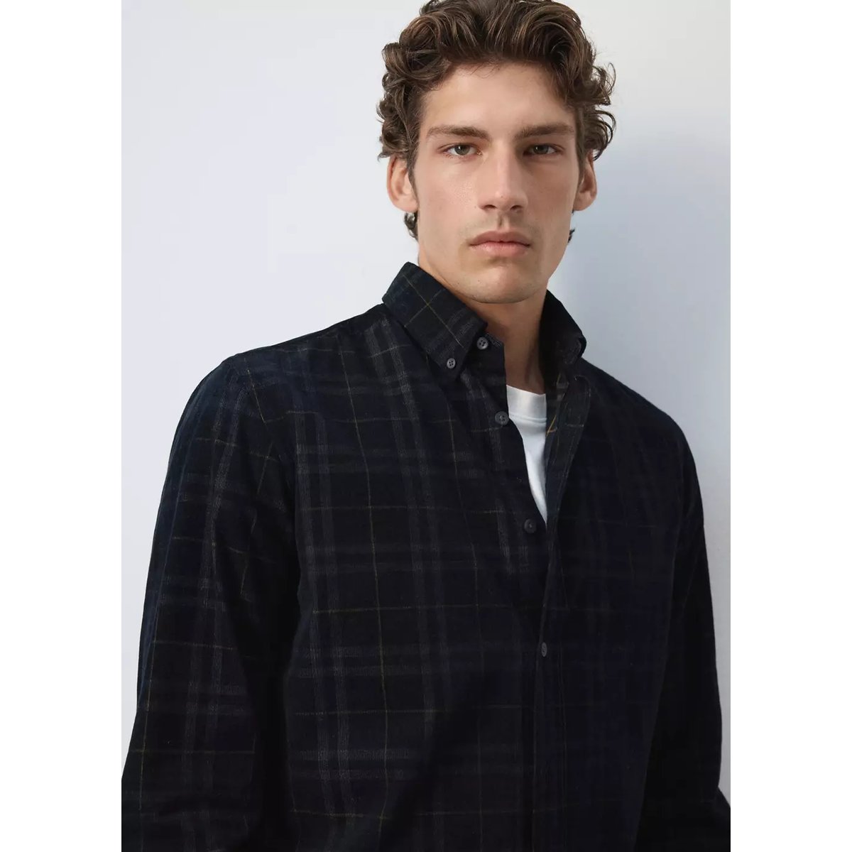 Chemise à carreaux regular fit en velours milleraies bleu marine foncé, MANGO MAN
