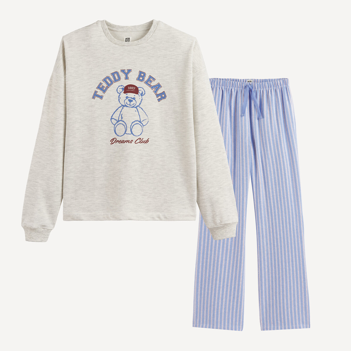 Teddy Bear Print and Striped Pyjamas with A Fleece Top and Poplin Bottoms grey/blue, LA REDOUTE COLLECTIONS