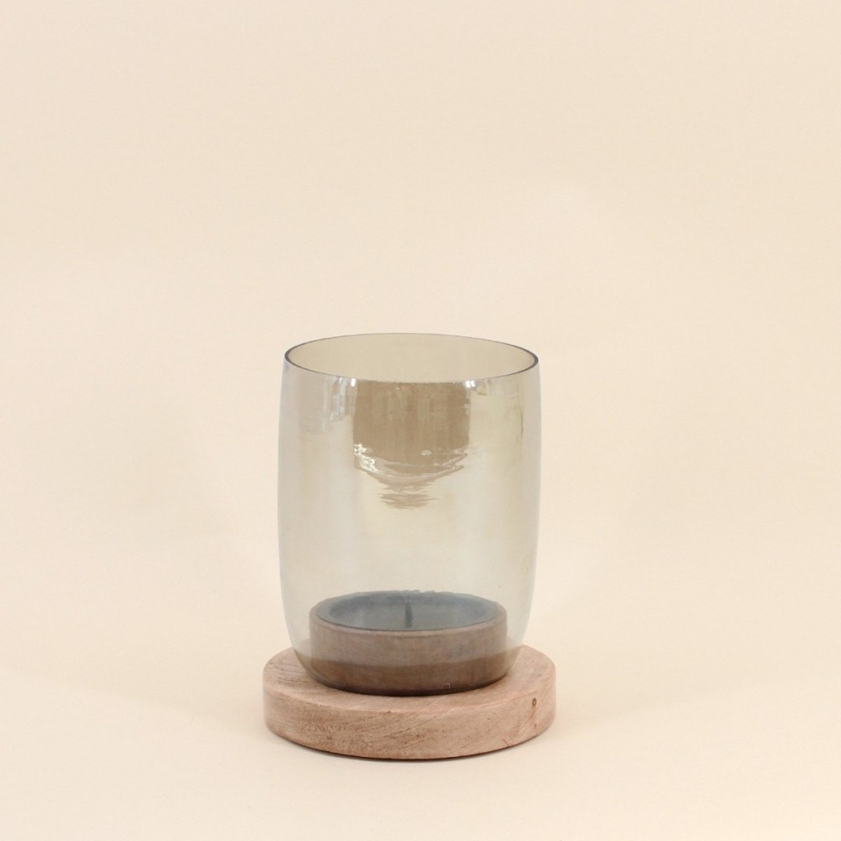 Photophore en verre et bois 19x15cm naturel, ORNAMI