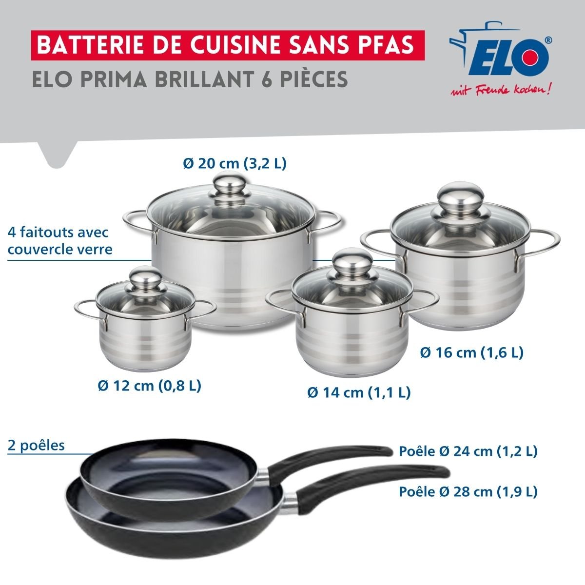 2 poêles 24/28cm + 4 faitouts 12/14/16/20cm PRIMA BRILLANT noir, ELO