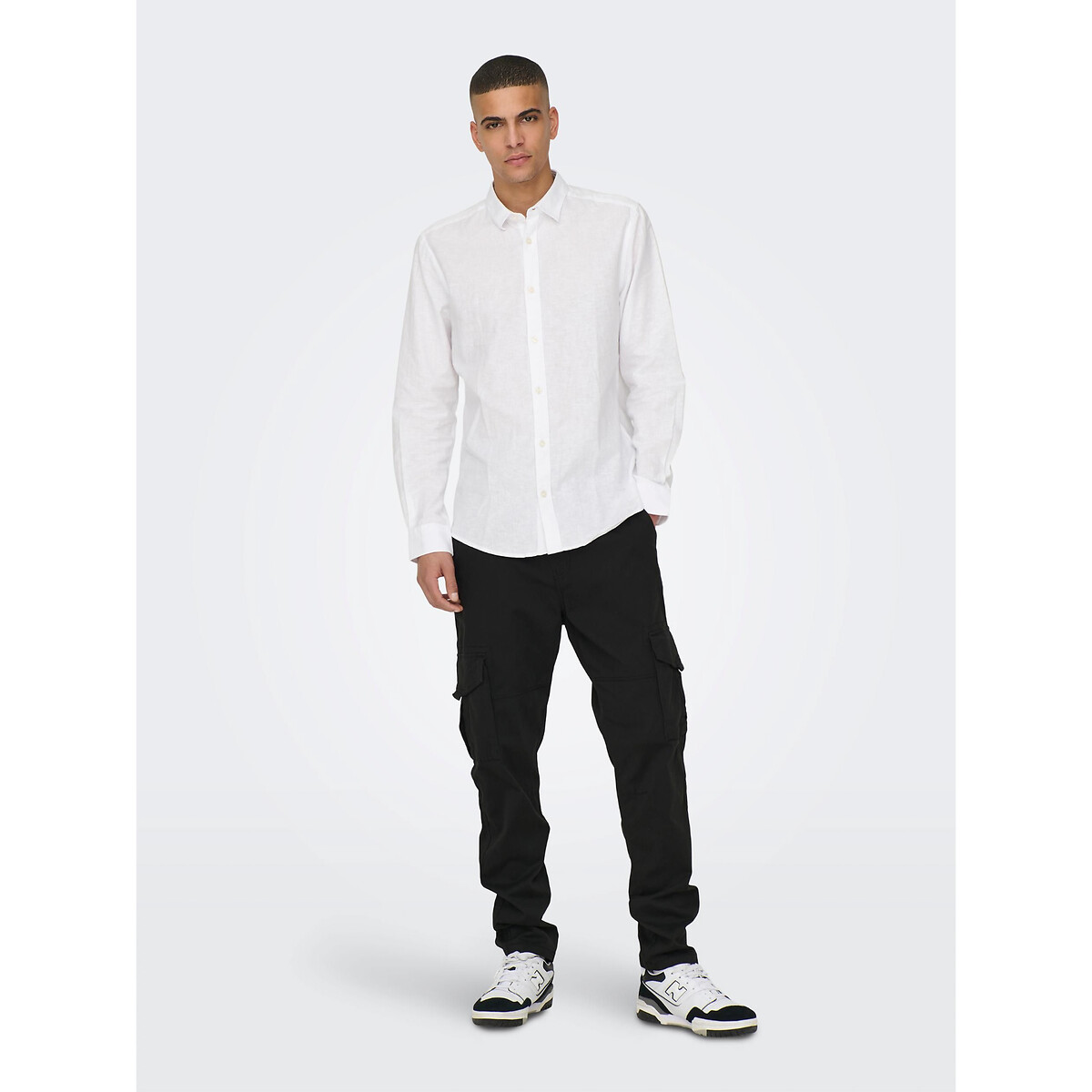 Cotton/Linen Shirt in Slim Fit white, ONLY & SONS