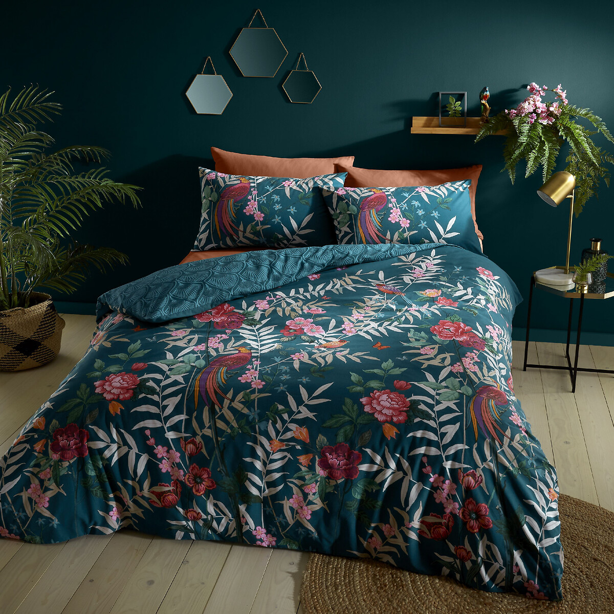 Tropical Floral Birds Duvet Cover and Pillowcase Set dark green/light green, CATHERINE LANSFIELD