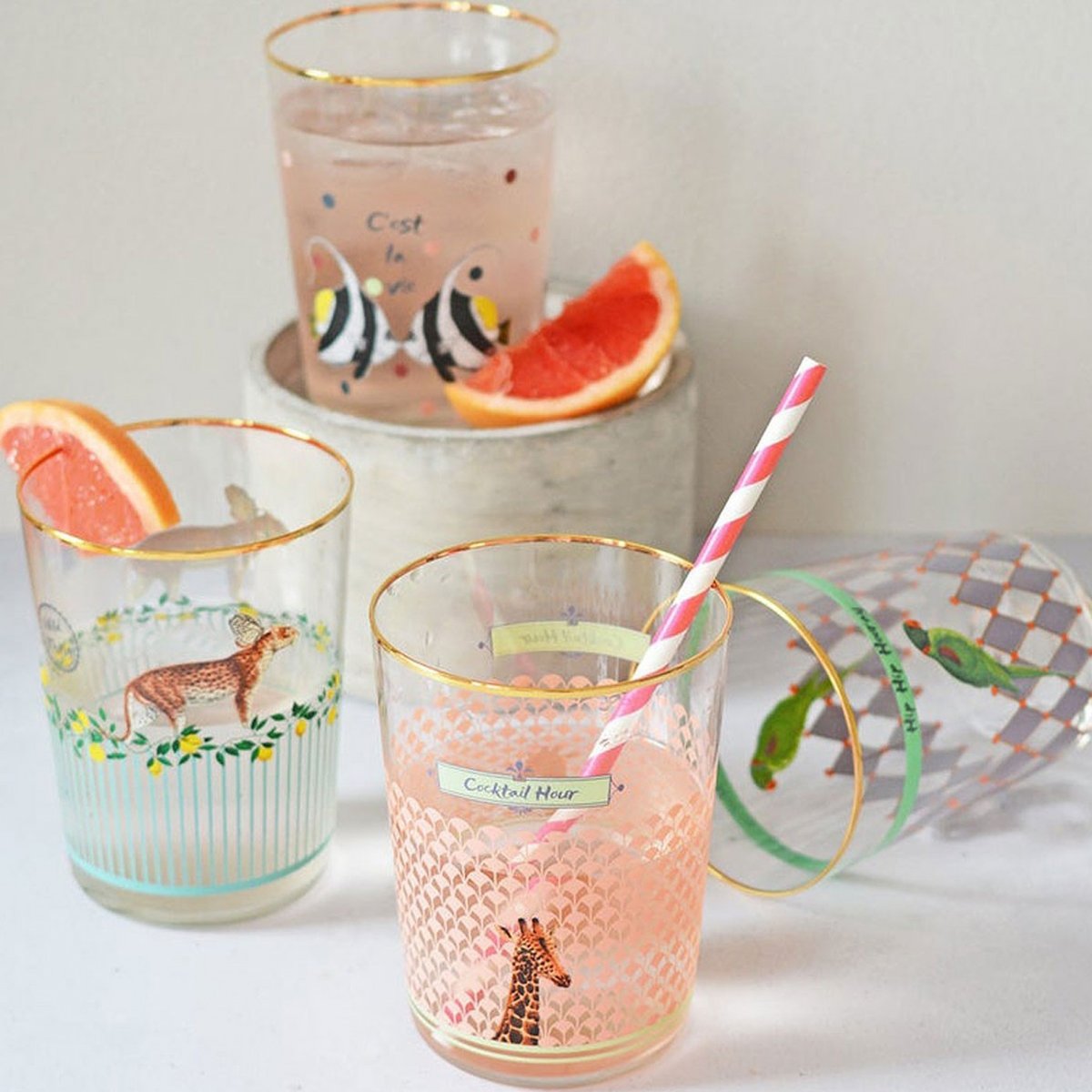 Verre Poisson multicolor , détails bords dorés, YVONNE ELLEN