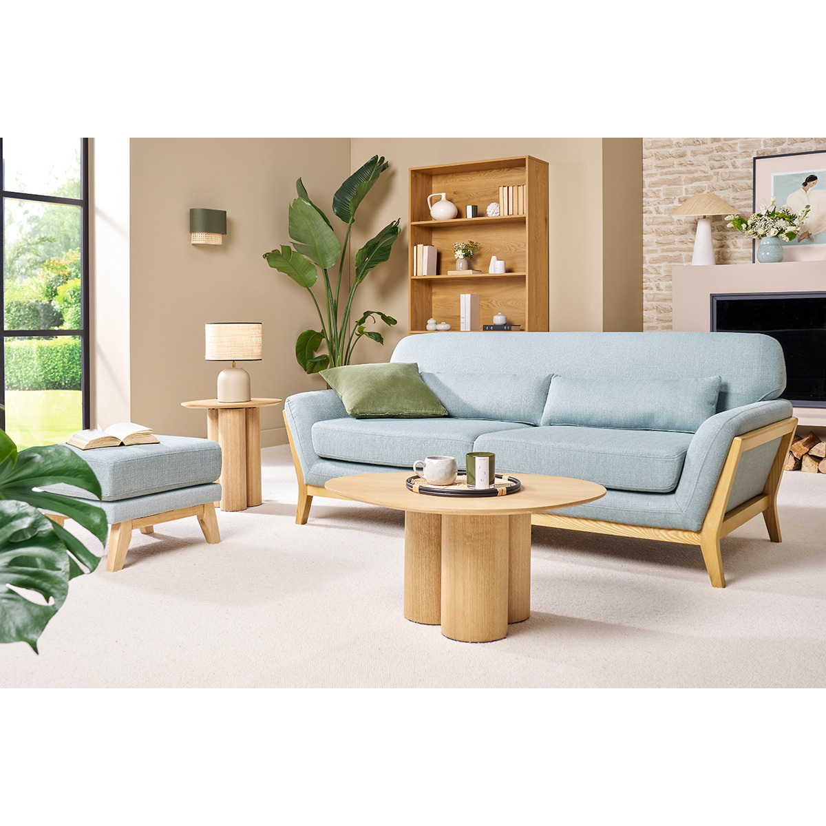 Canapé scandinave 3 places en tissu effet velours texturé terre brûlée et bois clair YOKO vert lagon, MILIBOO