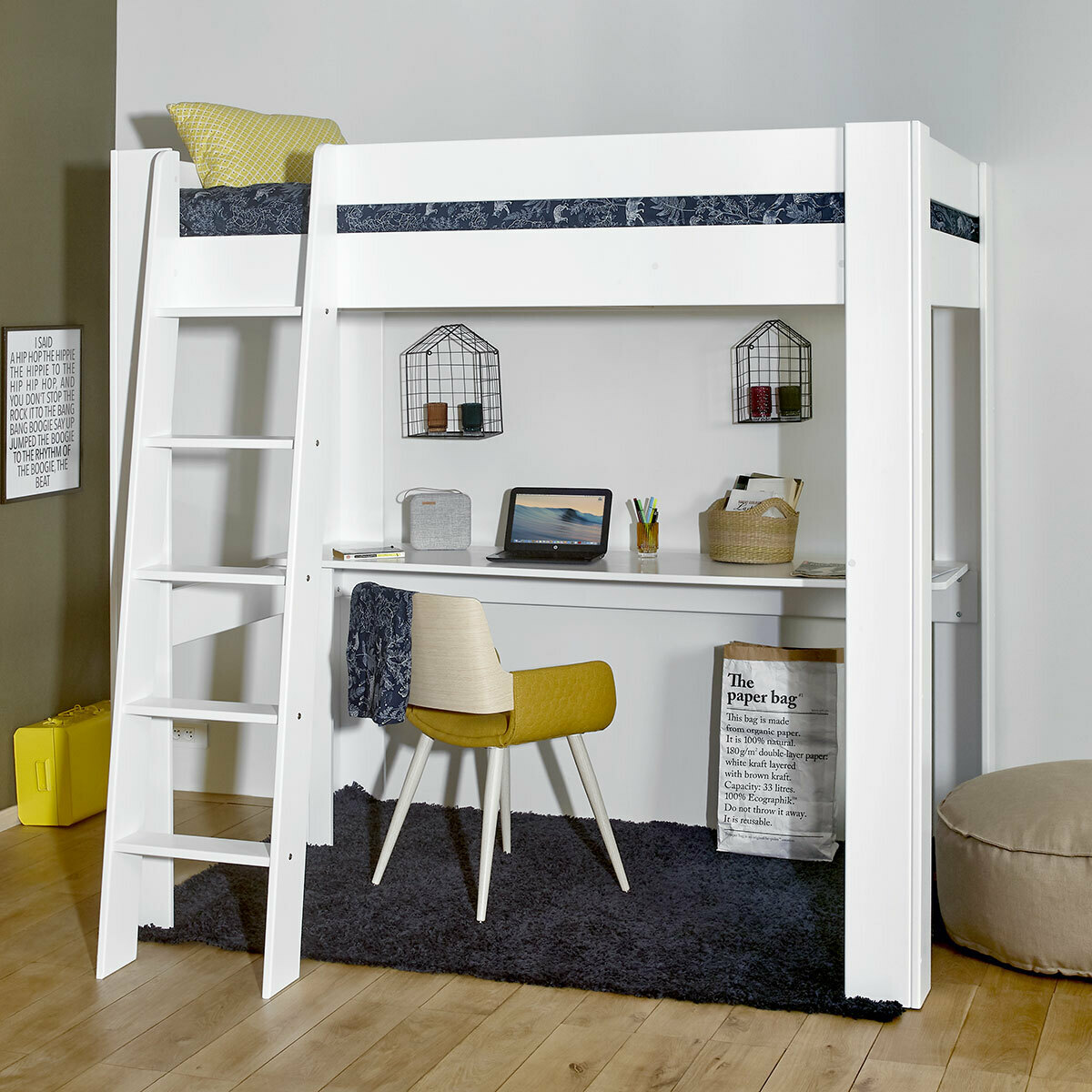 Pack lit mezzanine 2 places avec bureau et matelas Bois massif LEE blanc, AKITEN RETAIL