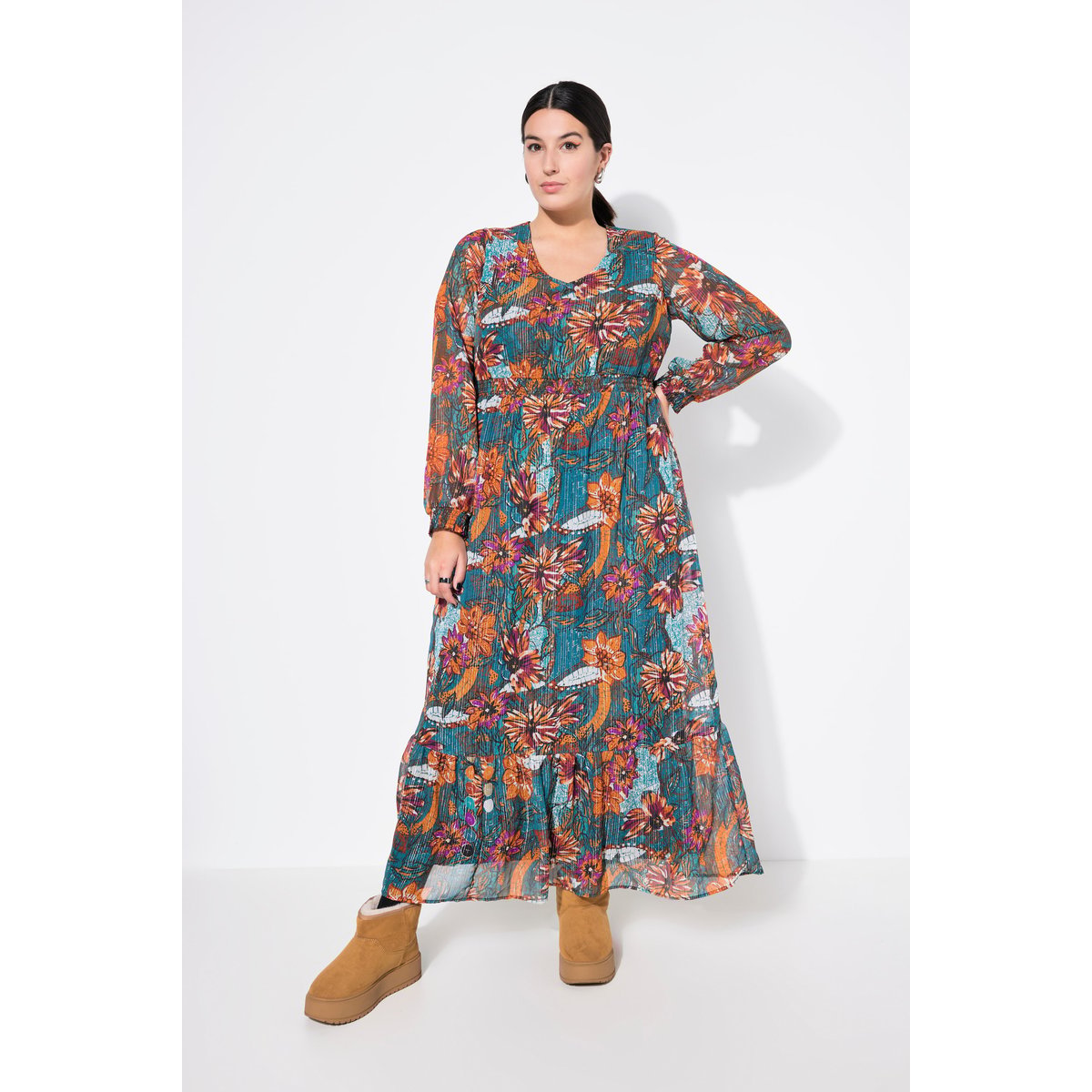 Robe maxi, silhouette en A, imprimé floral pétrol, STUDIO UNTOLD