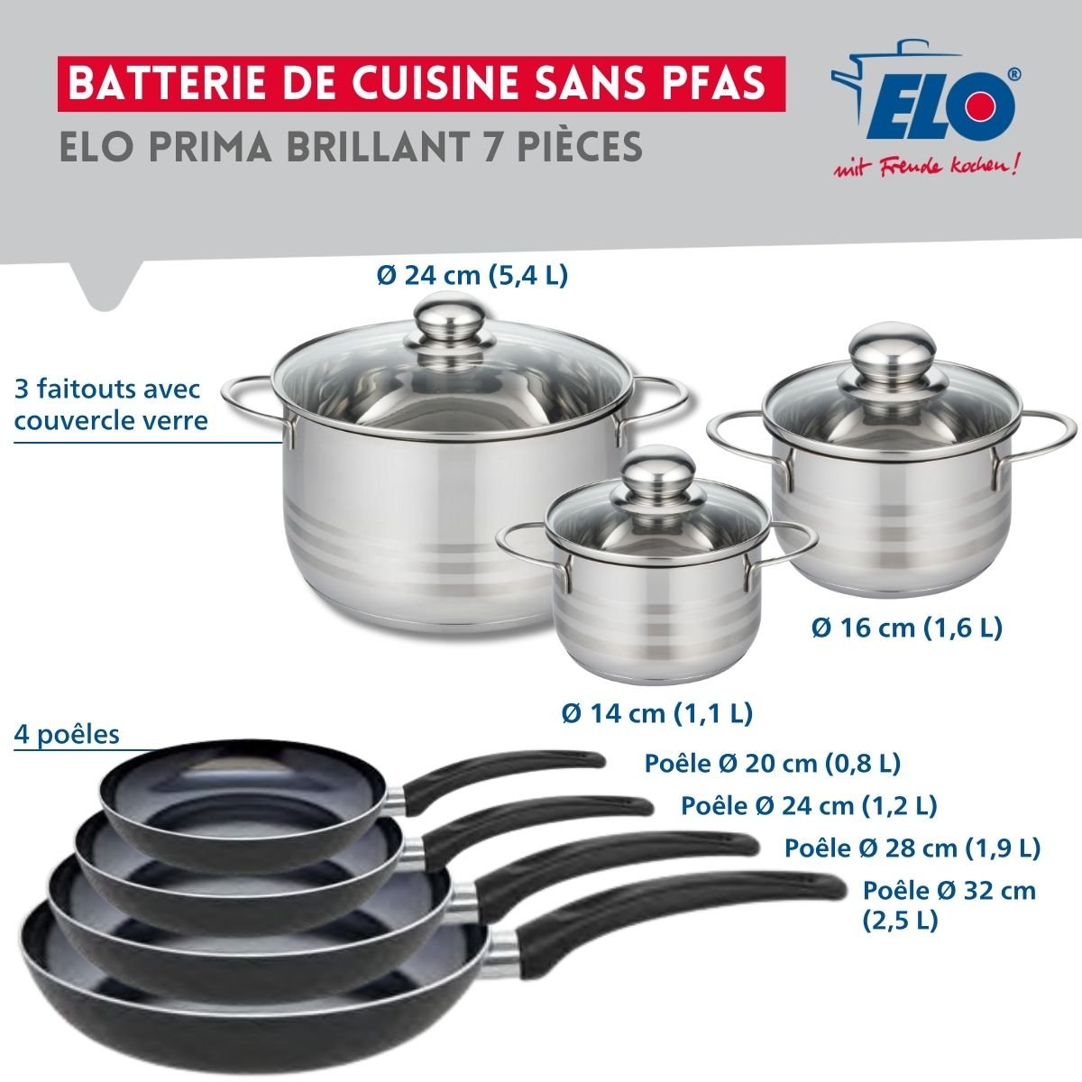 4 poêles 20/24/28/32cm + 3 faitouts 14/16/24cm PRIMA BRILLANT noir, ELO
