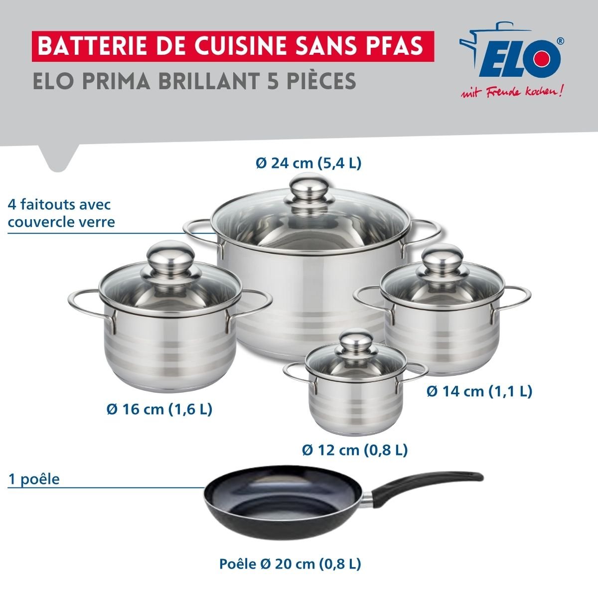 Batterie 1 poêle 20cm + 4 faitouts 12/14/16/24cm PRIMA BRILLANT noir, ELO