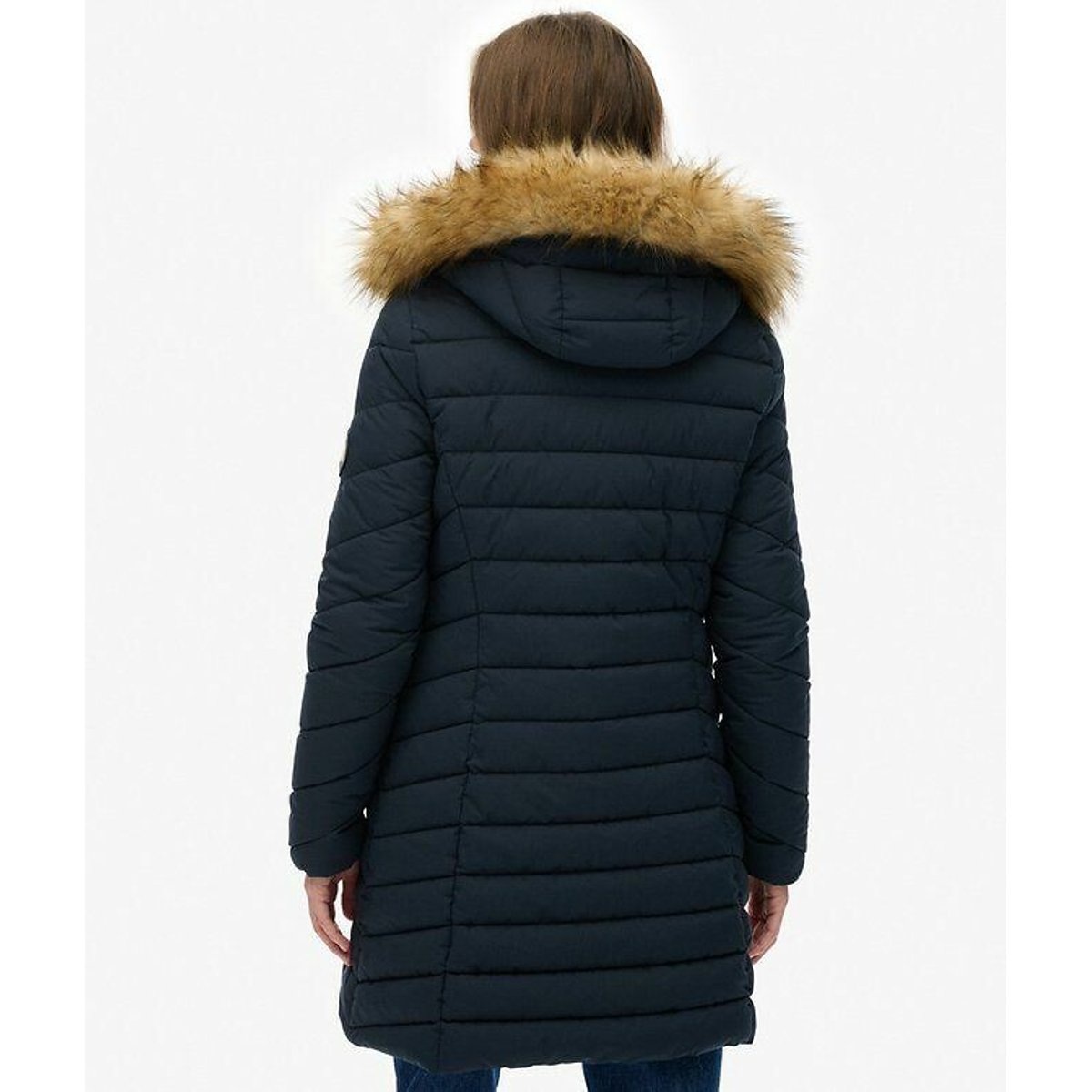 Mid-Length Padded Jacket with Faux Fur Hood navy blue, SUPERDRY