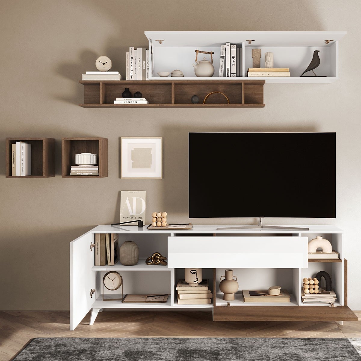 Meuble TV 2 portes, 1 tiroir et 2 niches L180 cm - MALA blanc laqué / bois foncé, CALICOSY