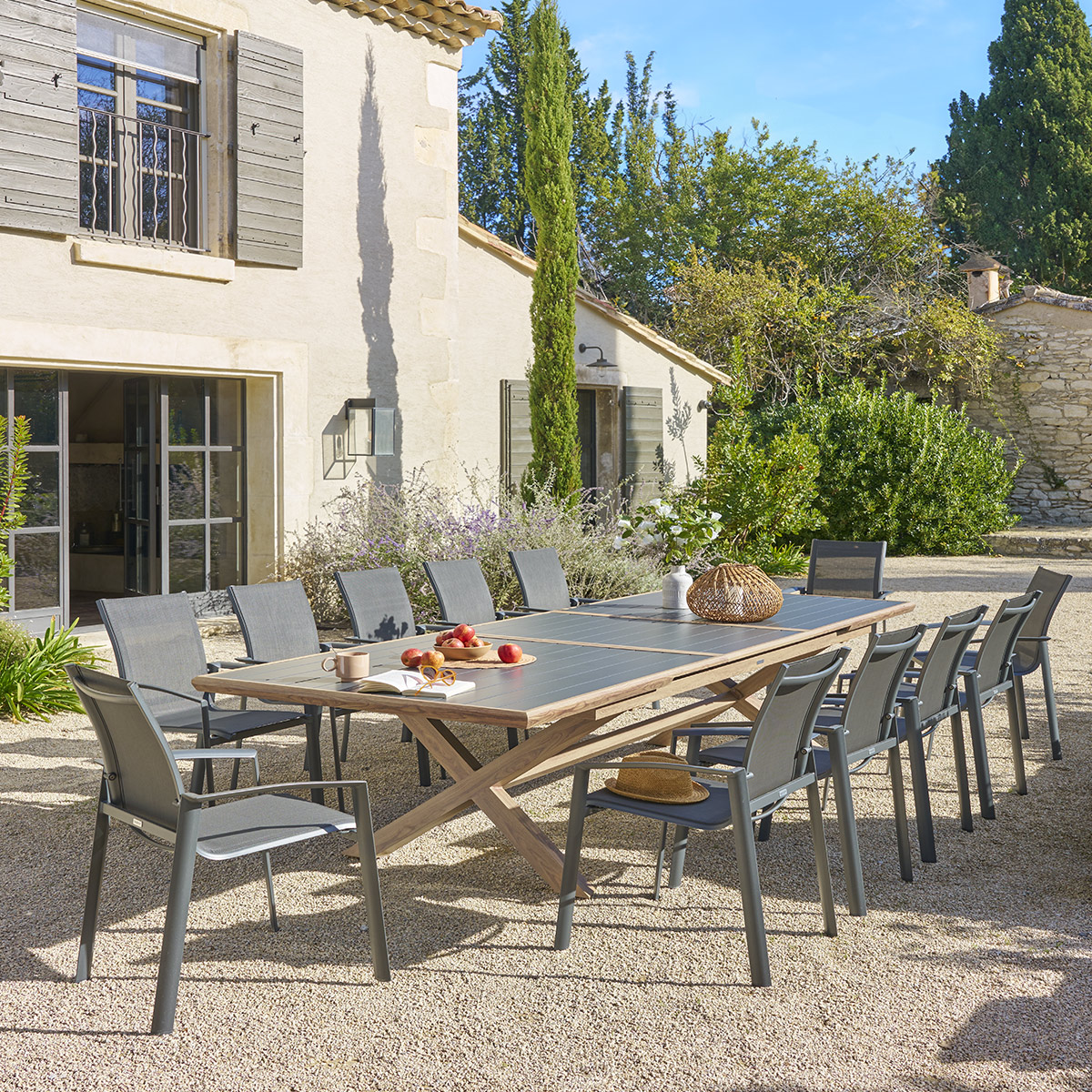 Table de jardin extensible 12 places en aluminium AXIOME graphite et honey, HESPERIDE