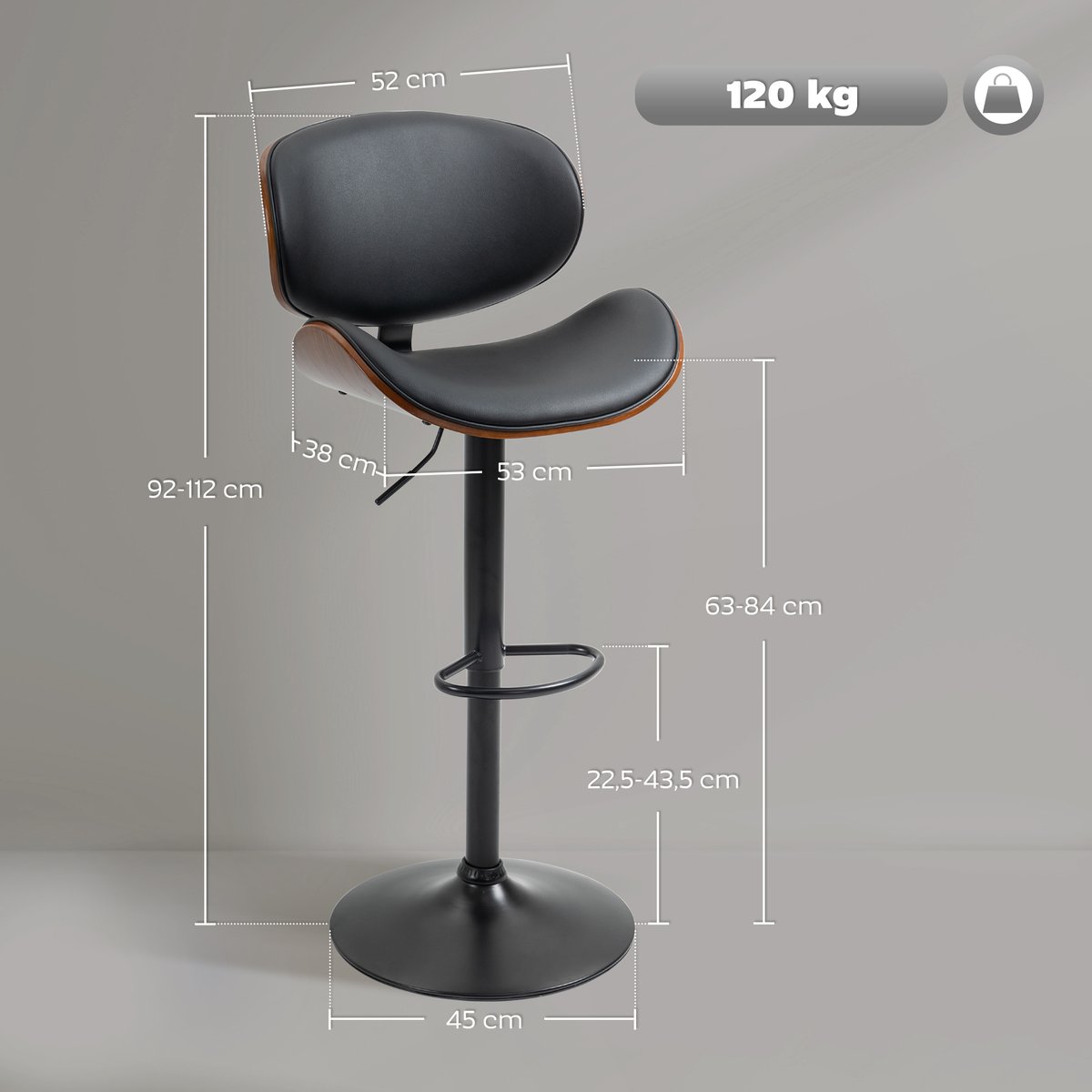 Tabouret de bar Revêtement synthétique PU noir, bois foncé, HOMCOM