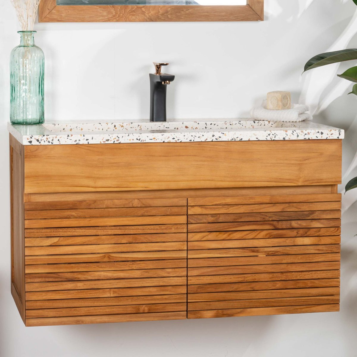 Meuble salle de bain en teck et terrazzo crème Aktual 90cm crème, WANDA COLLECTION