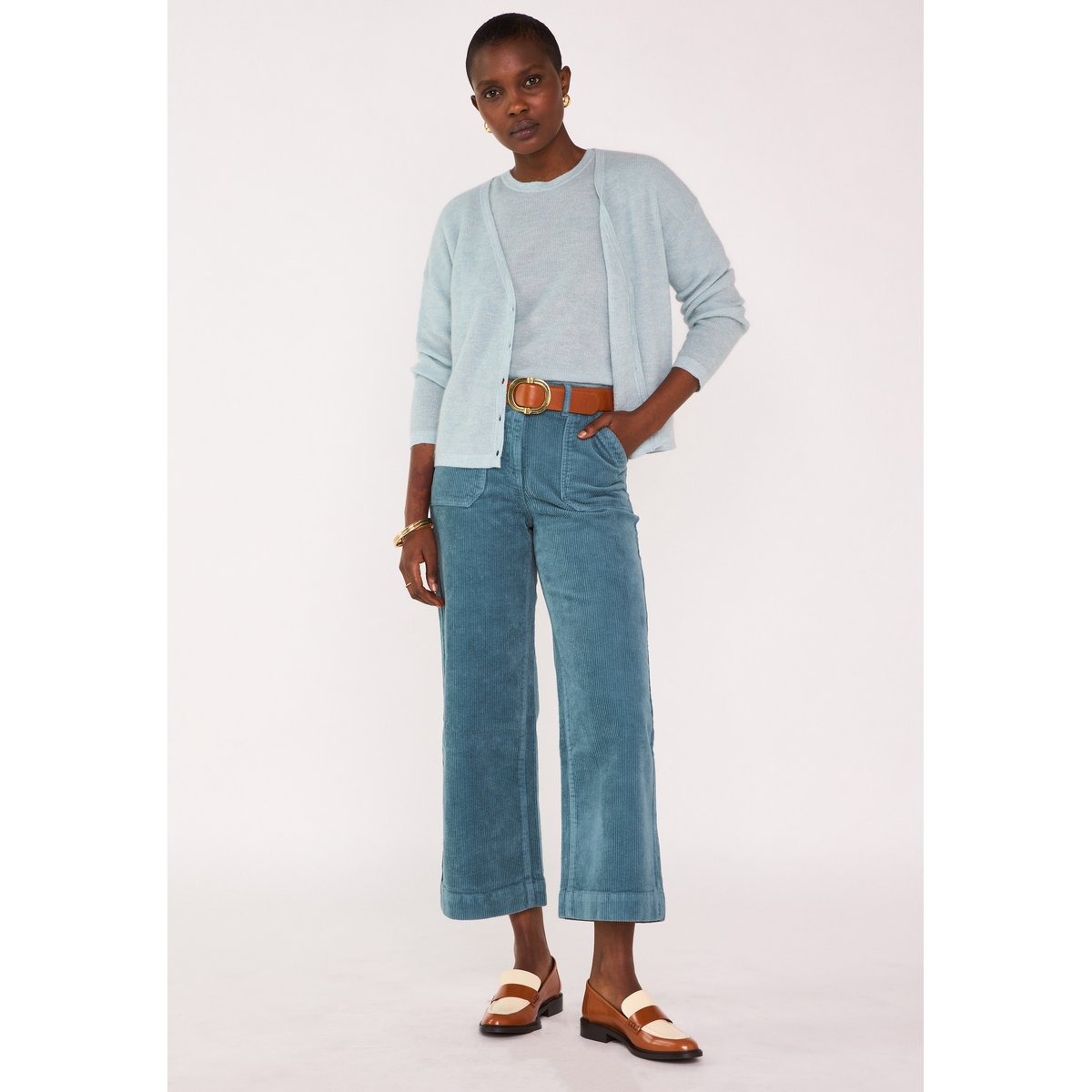Pantalon chino en velours côtelé SELYNA turquoise, Maison 123