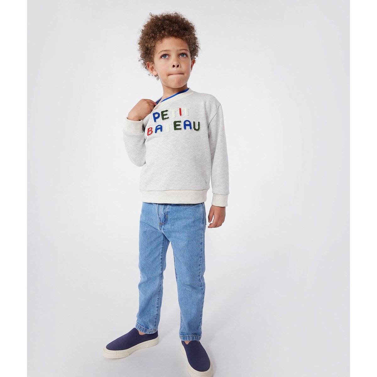Sweat col rond en molleton gris, PETIT BATEAU