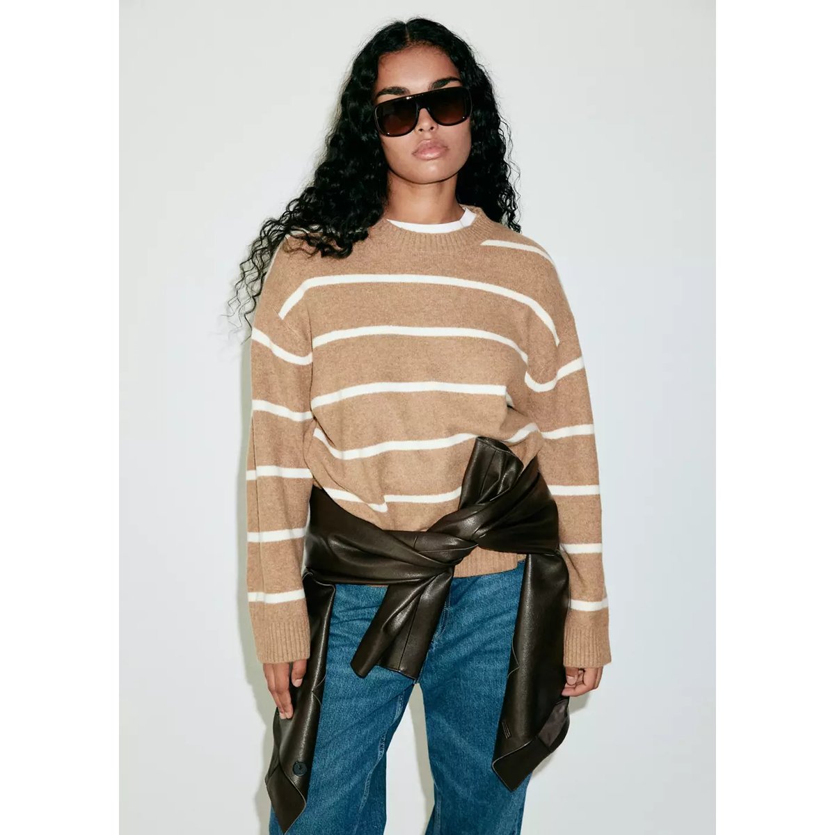 Pull-over rayé col rond marron moyen, MANGO
