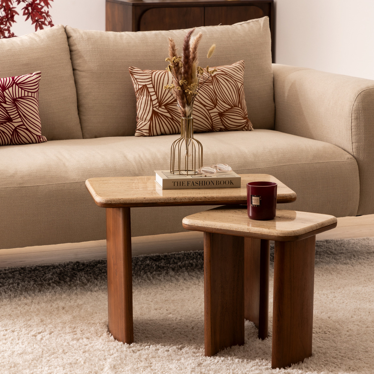 Lot de 2 tables basses gigognes bois d'acacia massif plateau travertin JIVAN marron, ATMOSPHERA