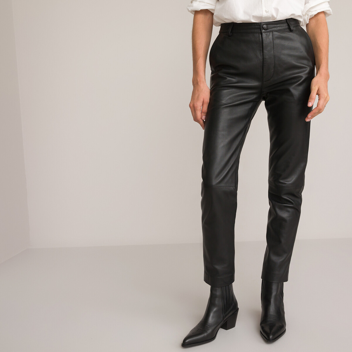 Leather Straight Trousers, Length 26.5" black, LA REDOUTE COLLECTIONS