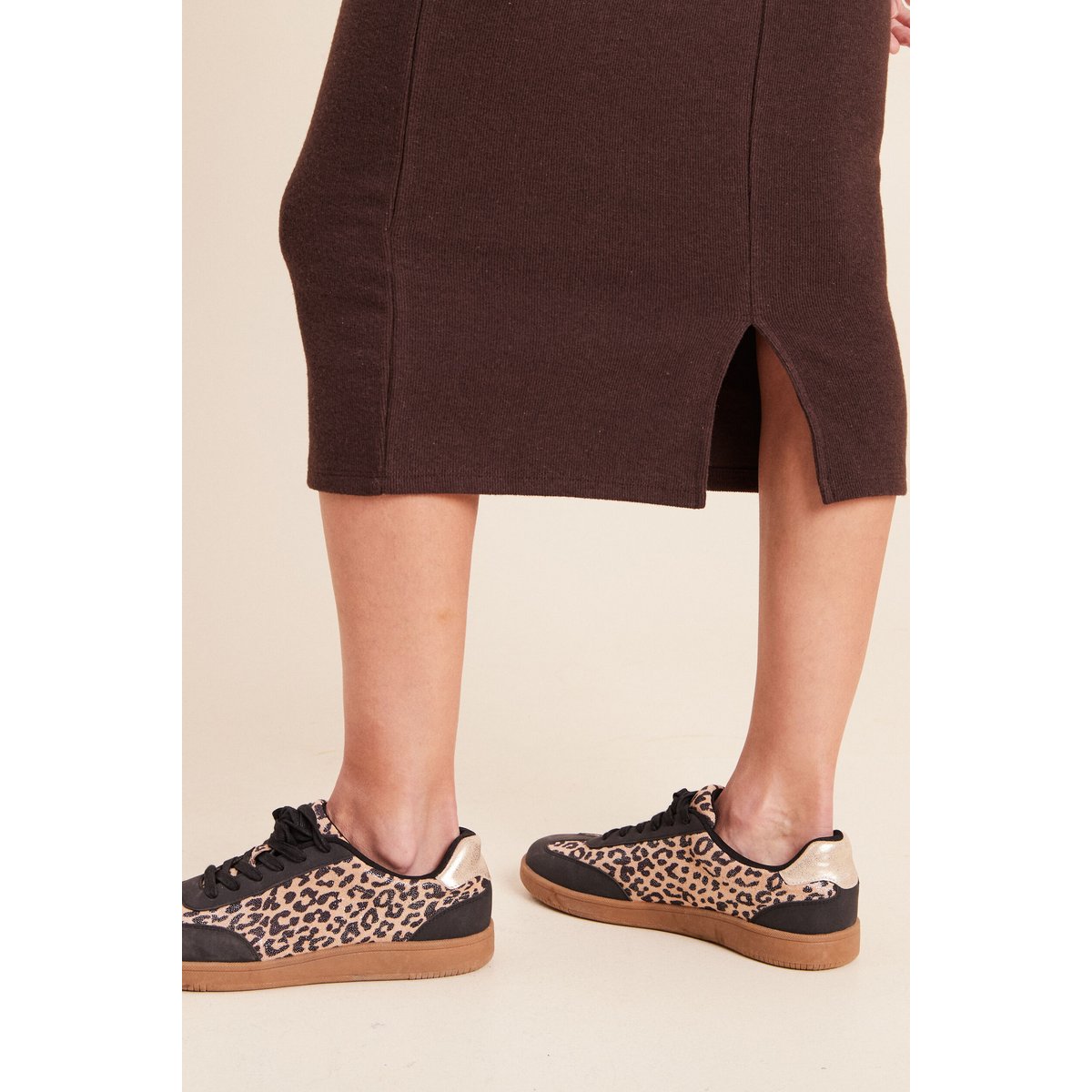 Jupe longue droite en maille marron foncé, BREAL