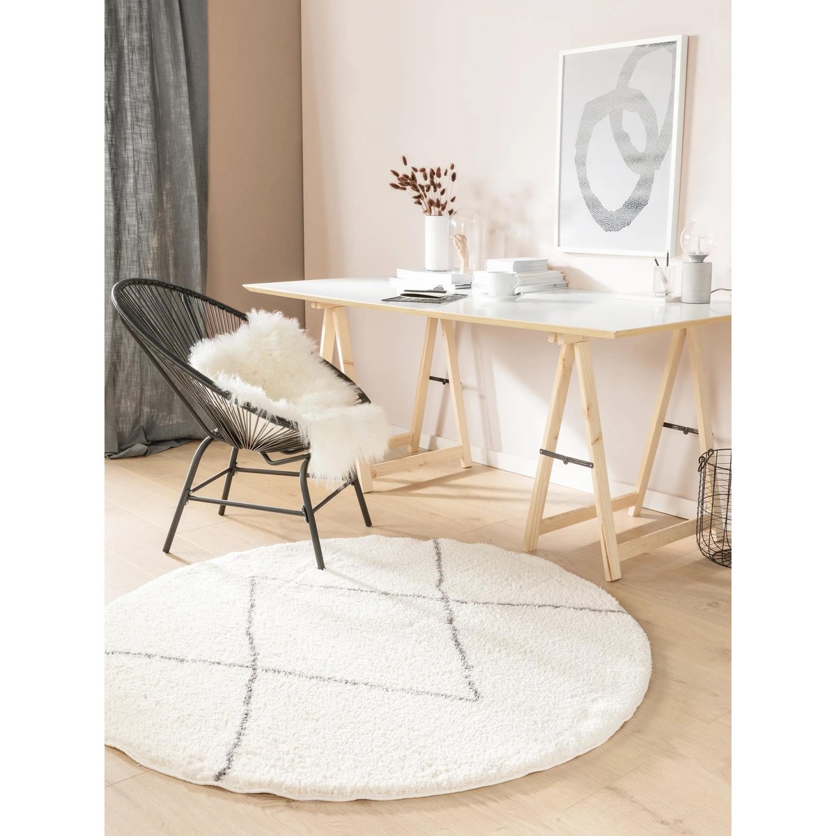 Tapis rond à poils longs BENNO crème, BENUTA