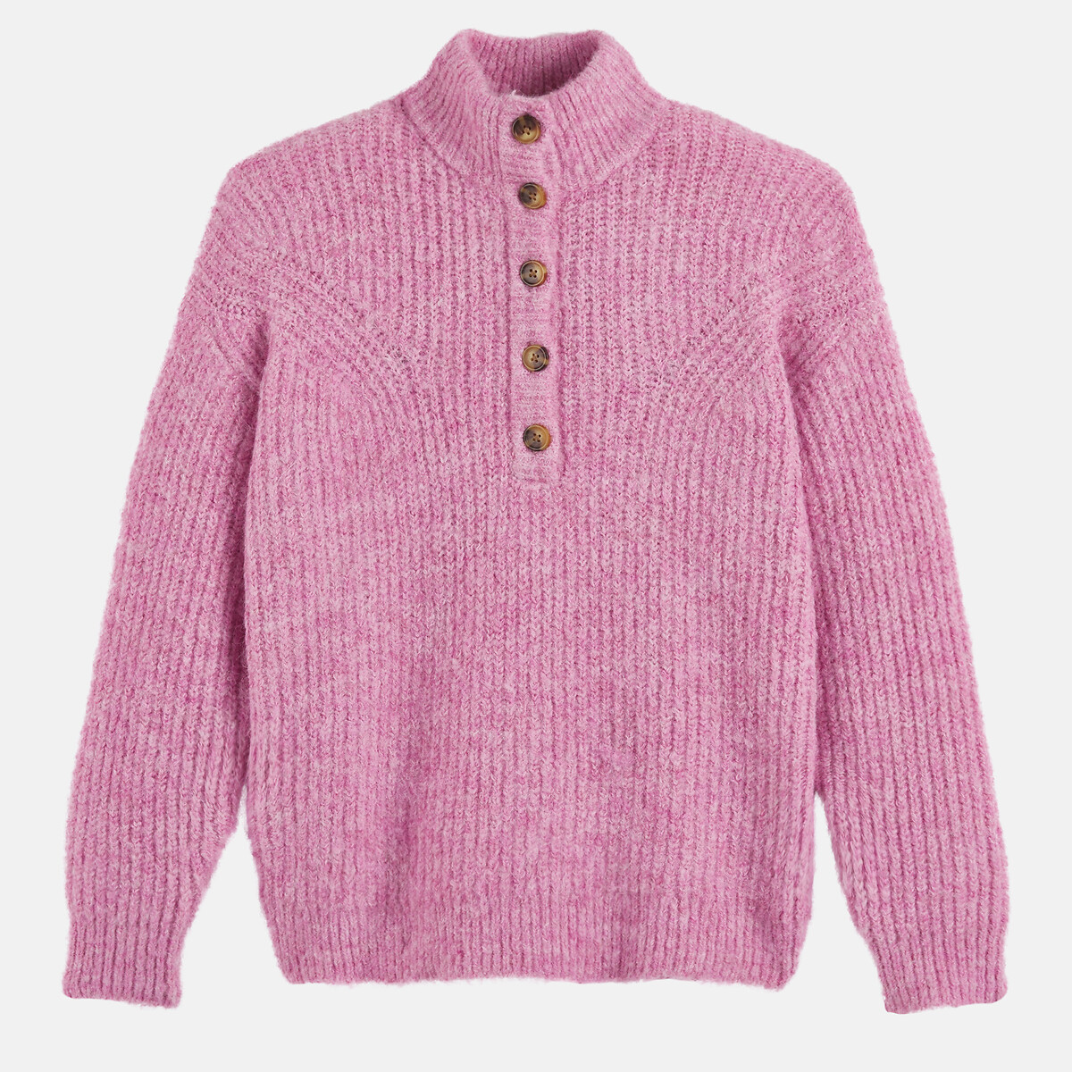 Maglione con collo alto abbottonato rosa chiaro, LA REDOUTE COLLECTIONS