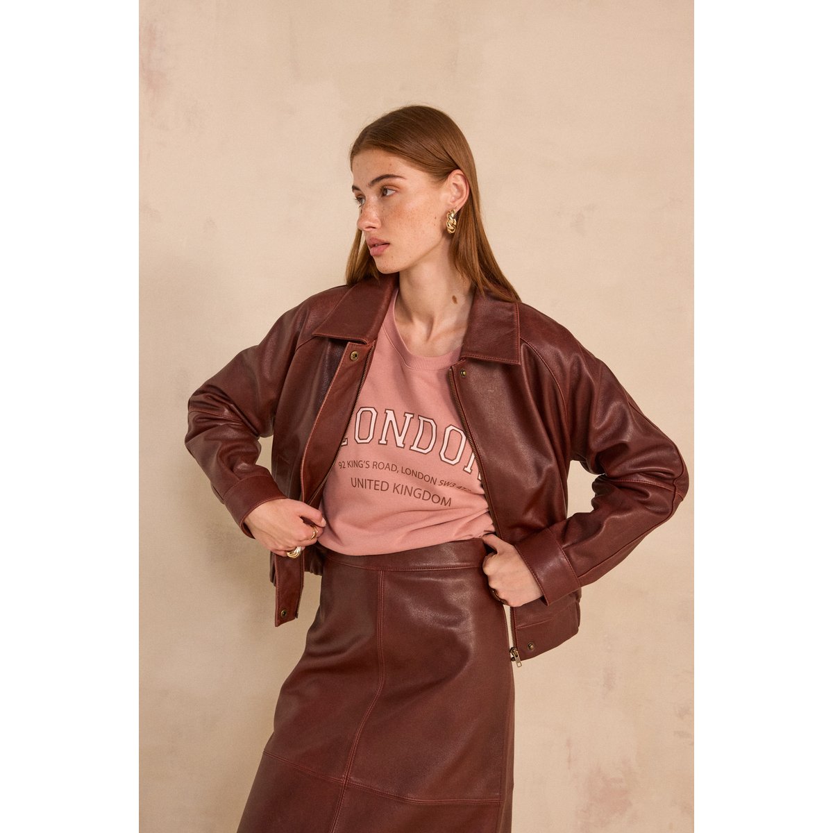 Blouson à manches longuesen cuir BARNABE cannelle, Maison 123