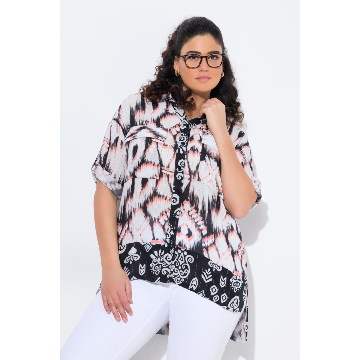 Tunique longue, col chemise, manches 3/4 corail, ULLA POPKEN