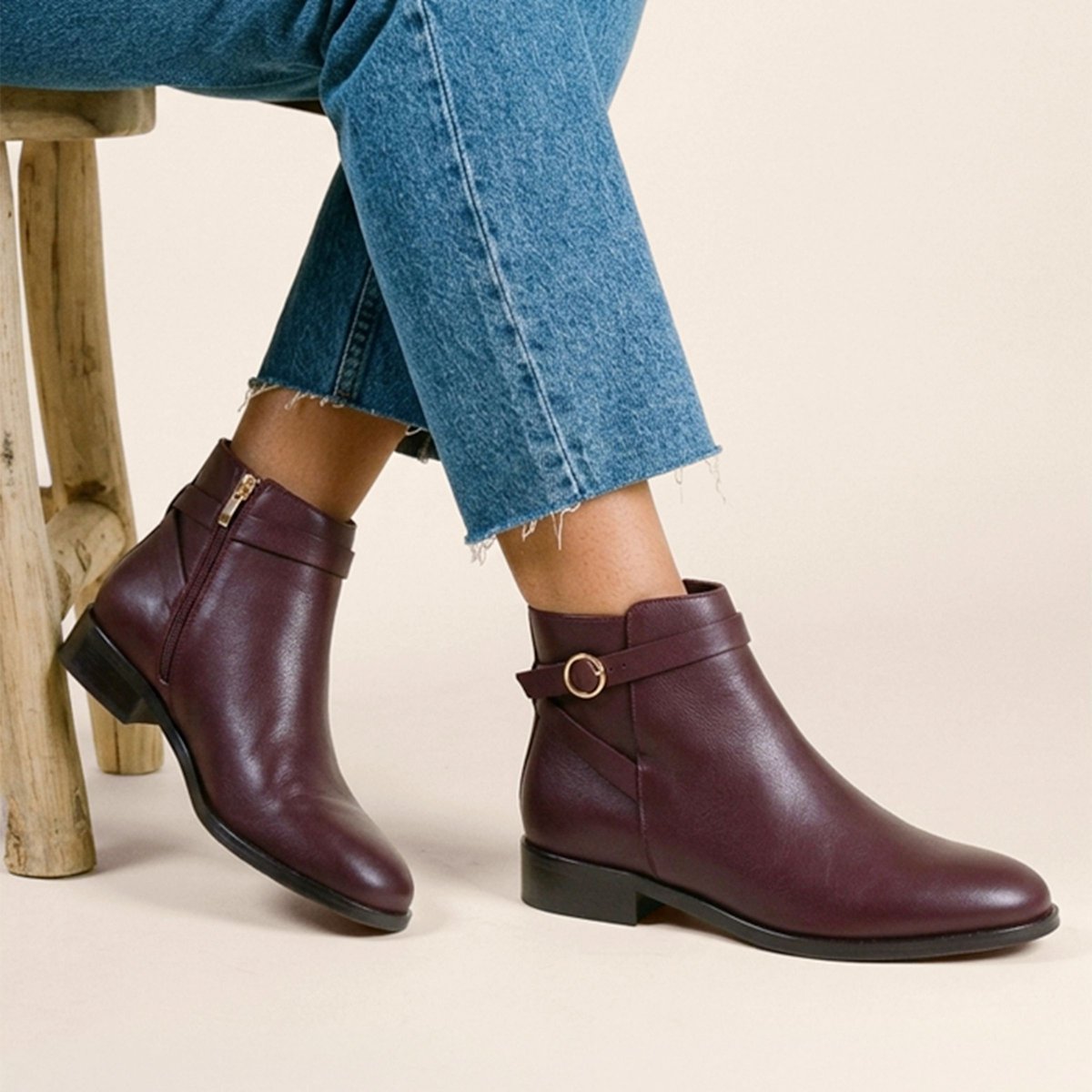 Bottines cavalières plates cuir lisse bordeaux, JULES & JENN