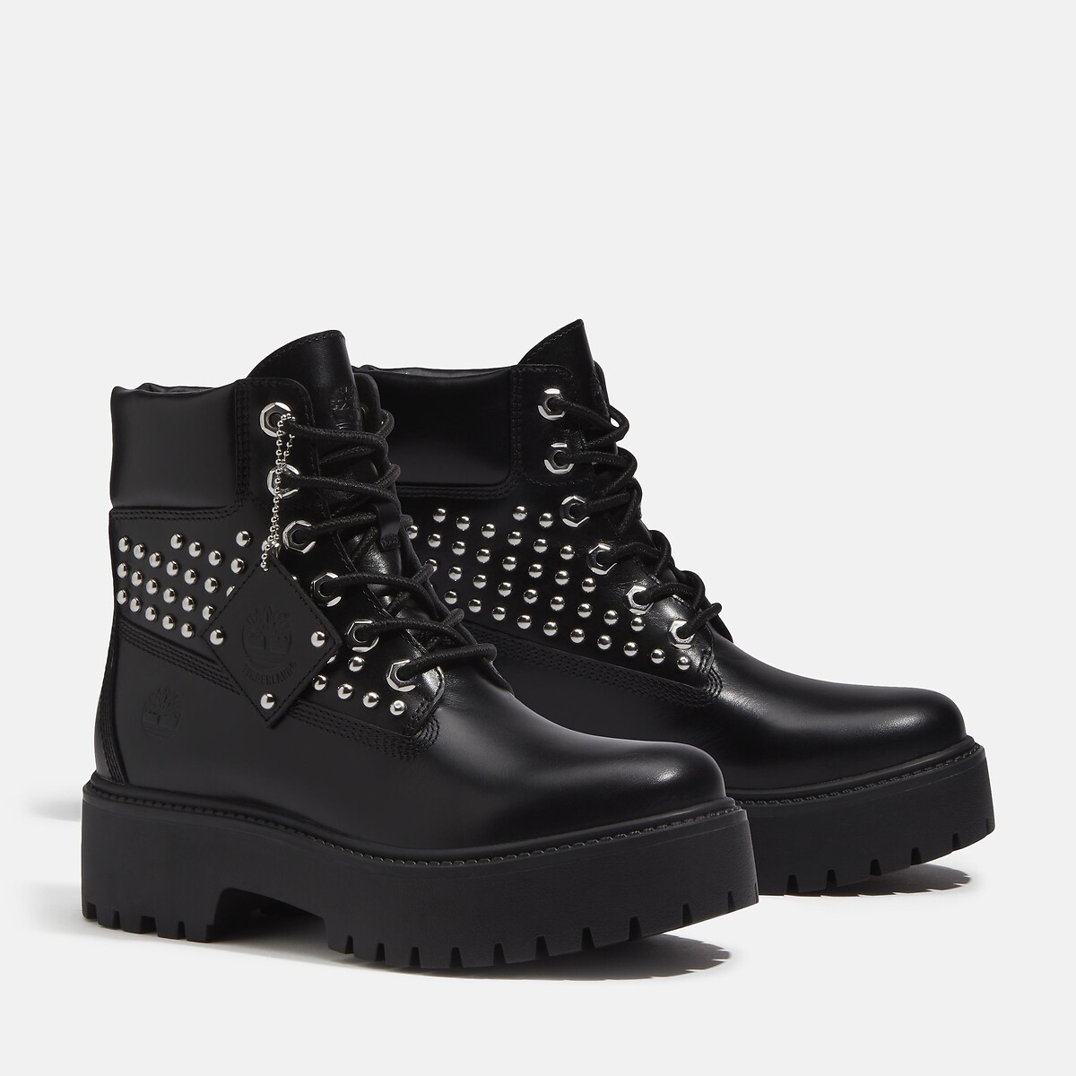 Stivaletti con zeppa e lacci, in pelle, con borchie, STONE STREET MID 6 INCH LACE nero , TIMBERLAND