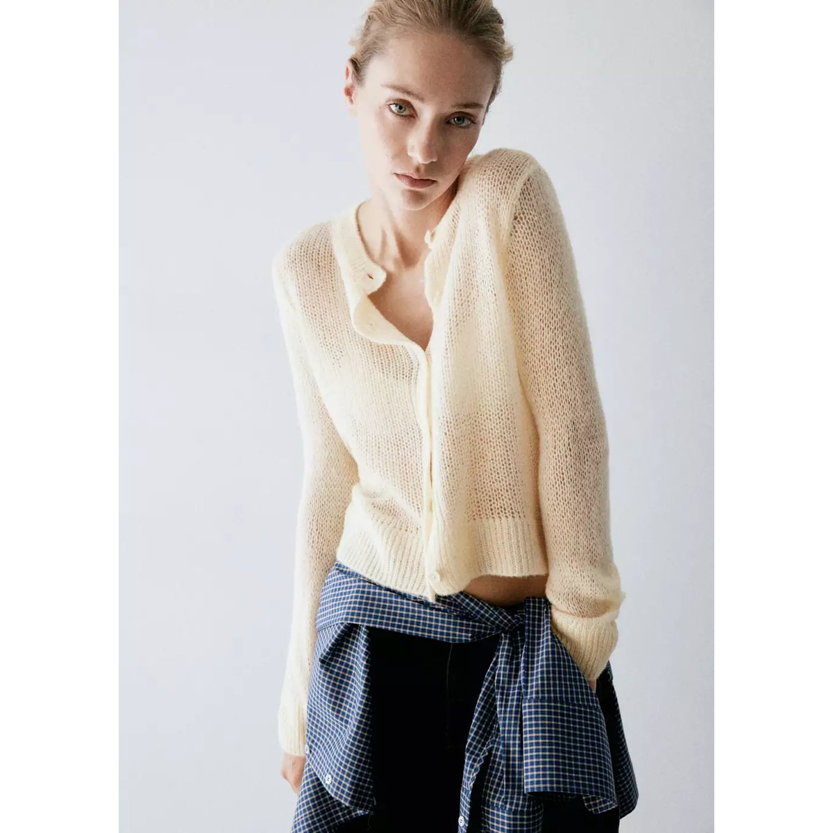 Cardigan maille ajourée écru, MANGO