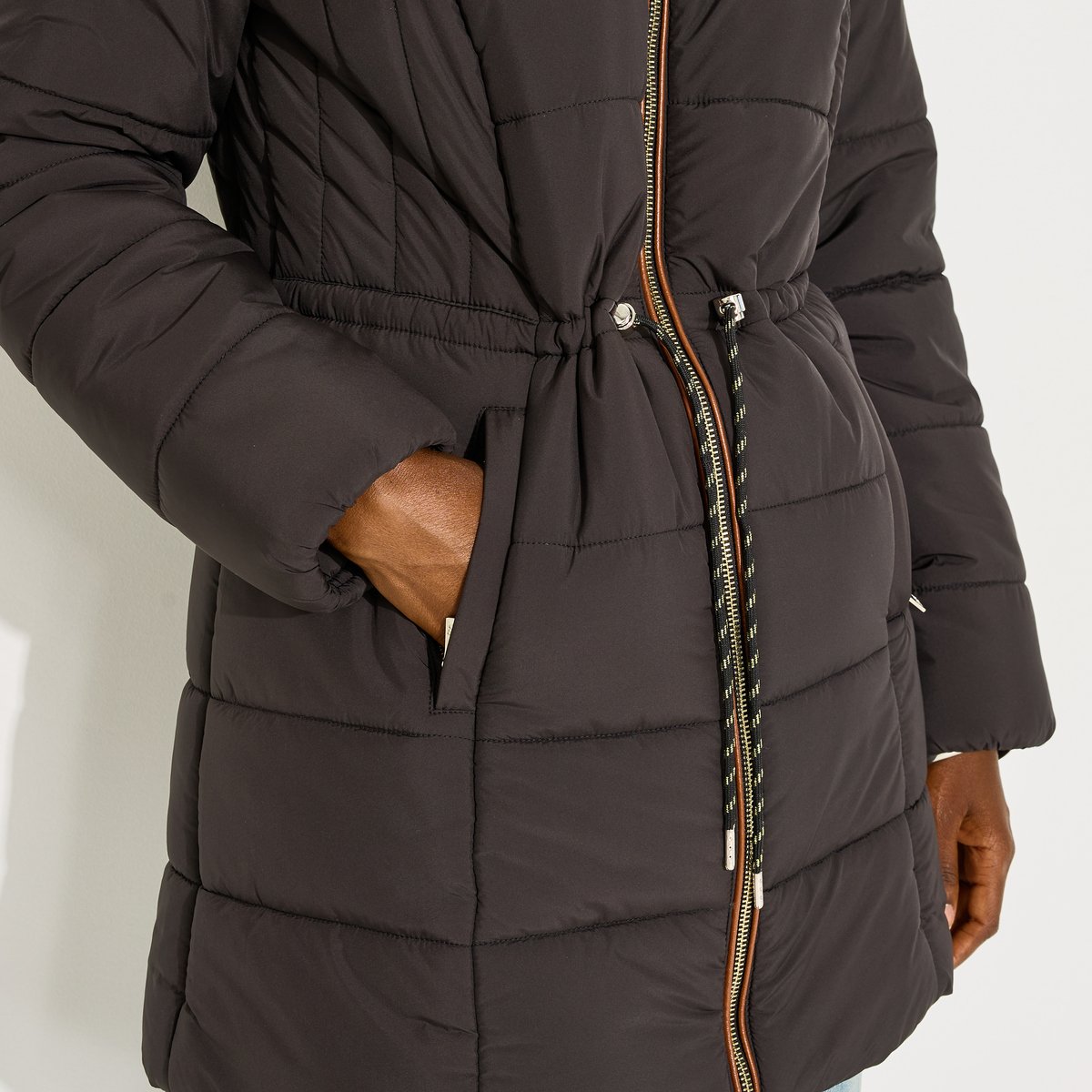 Doudoune mi-longue chaude capuche noir, GRAIN DE MALICE