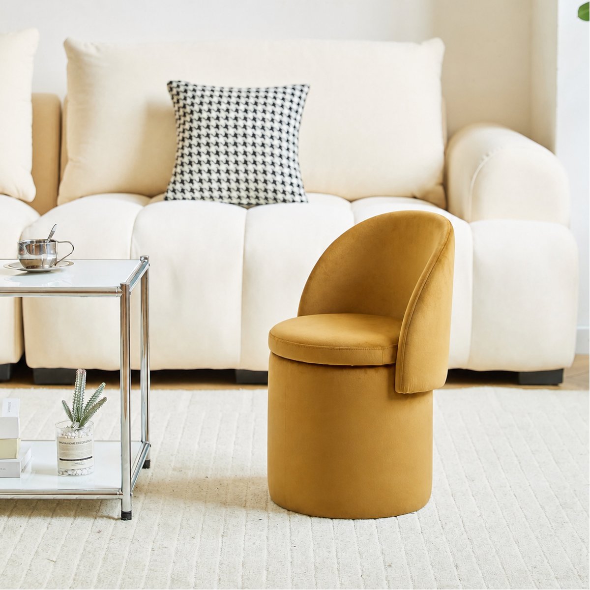 Pouf avec dossier et rangement, velours jaune moutarde, NORDLYS
