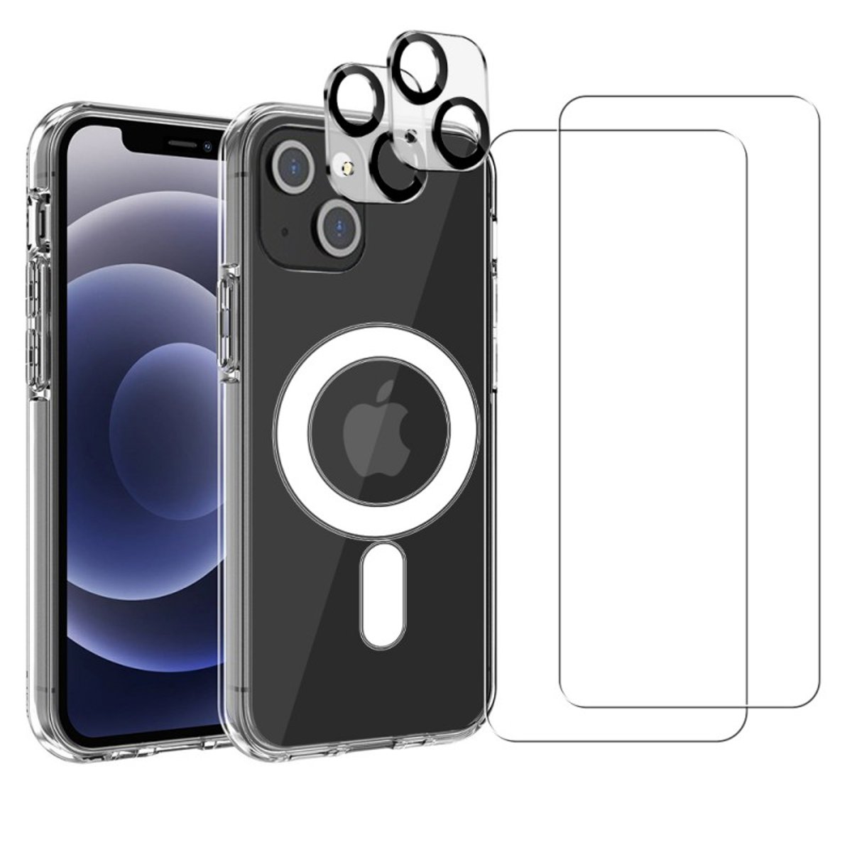 Coque Anti-choc compatible Magsafe pour iPhone 13 Transparente + 2 protections écran et 2 protections objectif caméra transparent, EVETANE