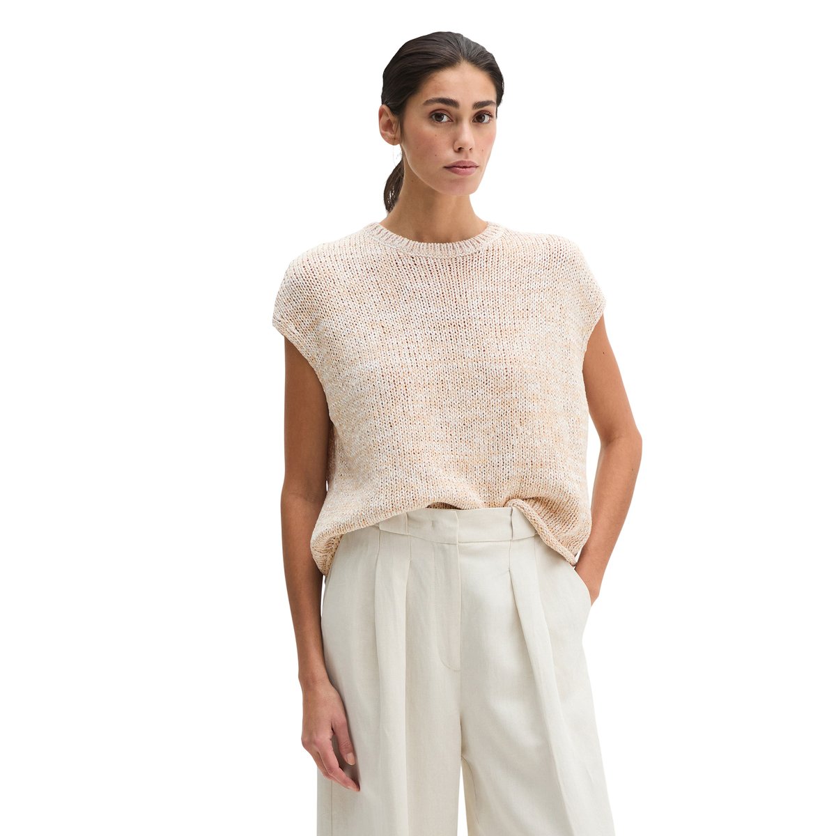 Pull en maille sans manches oversized en fil à bandelettes beige, MARC O'POLO