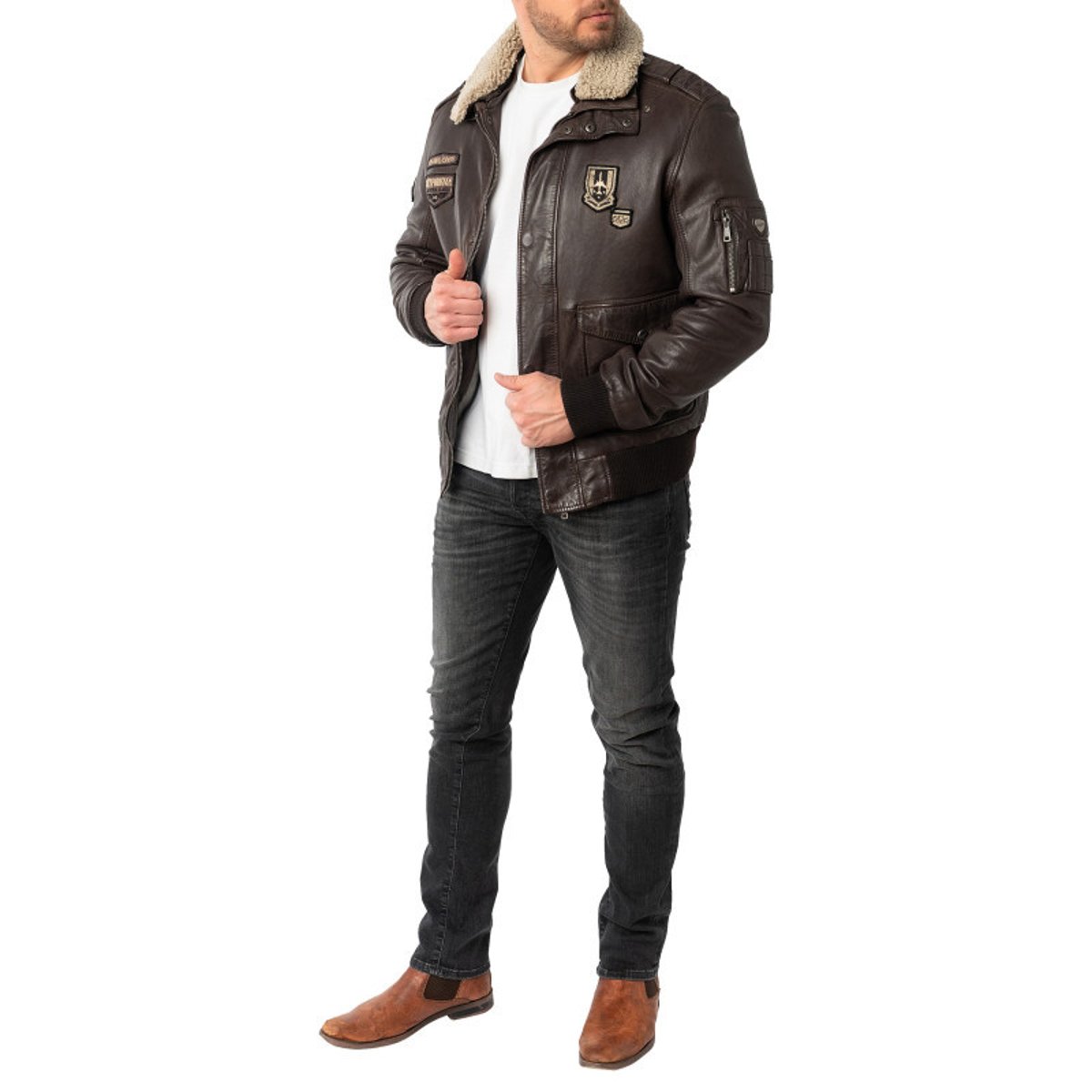 Blouson en cuir de mouton brun uni avec une coupe droite et un col à revers brun, GIPSY