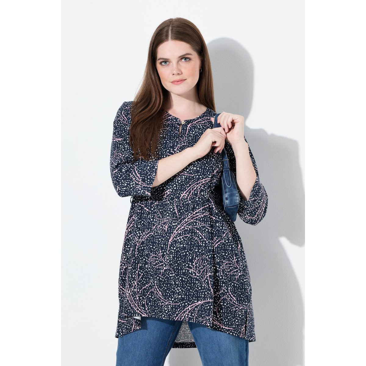 T-shirt long en coton bio marine, ULLA POPKEN