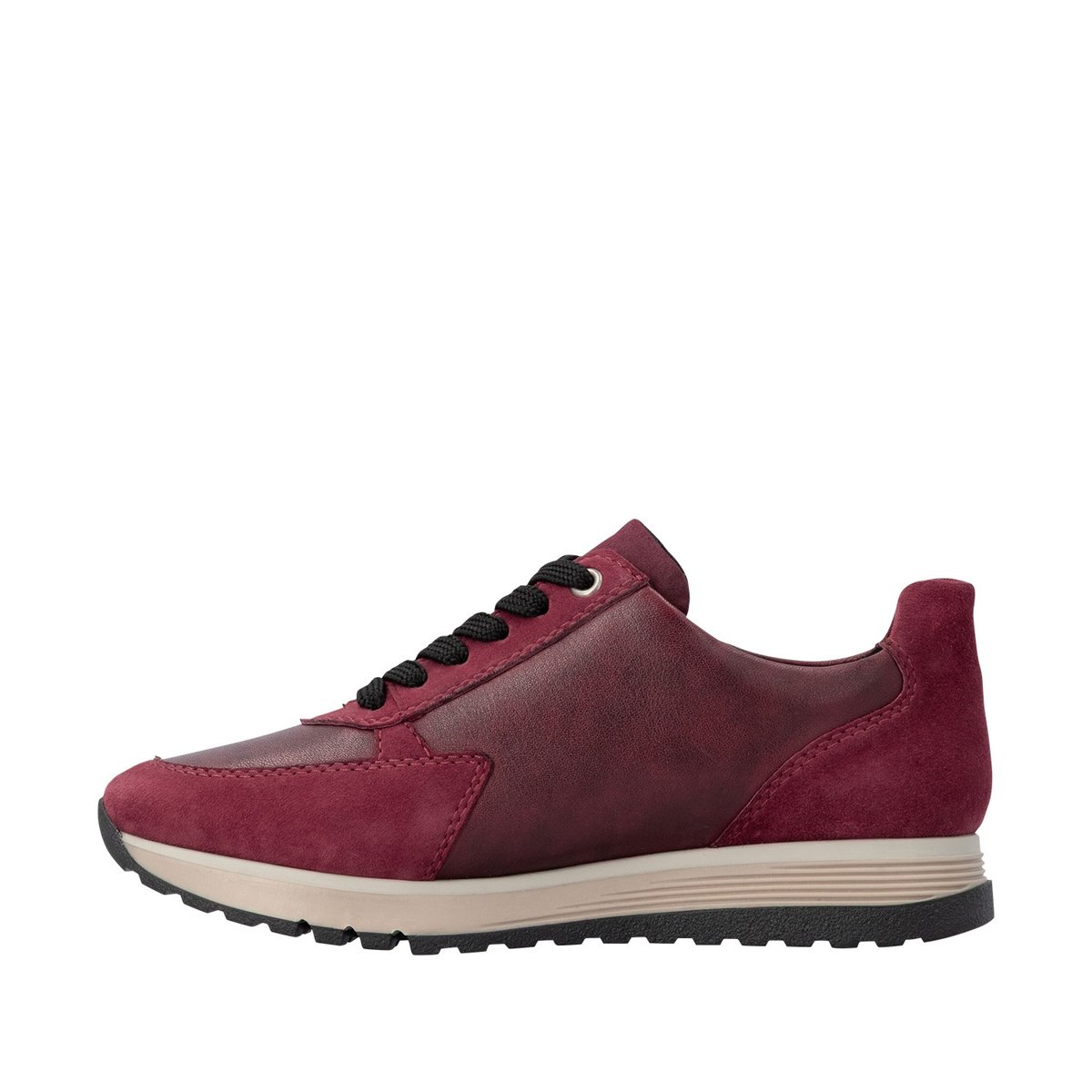 Baskets running en cuir bordeaux à talon plat avec lacets et zip latéral rouge foncé, RIEKER
