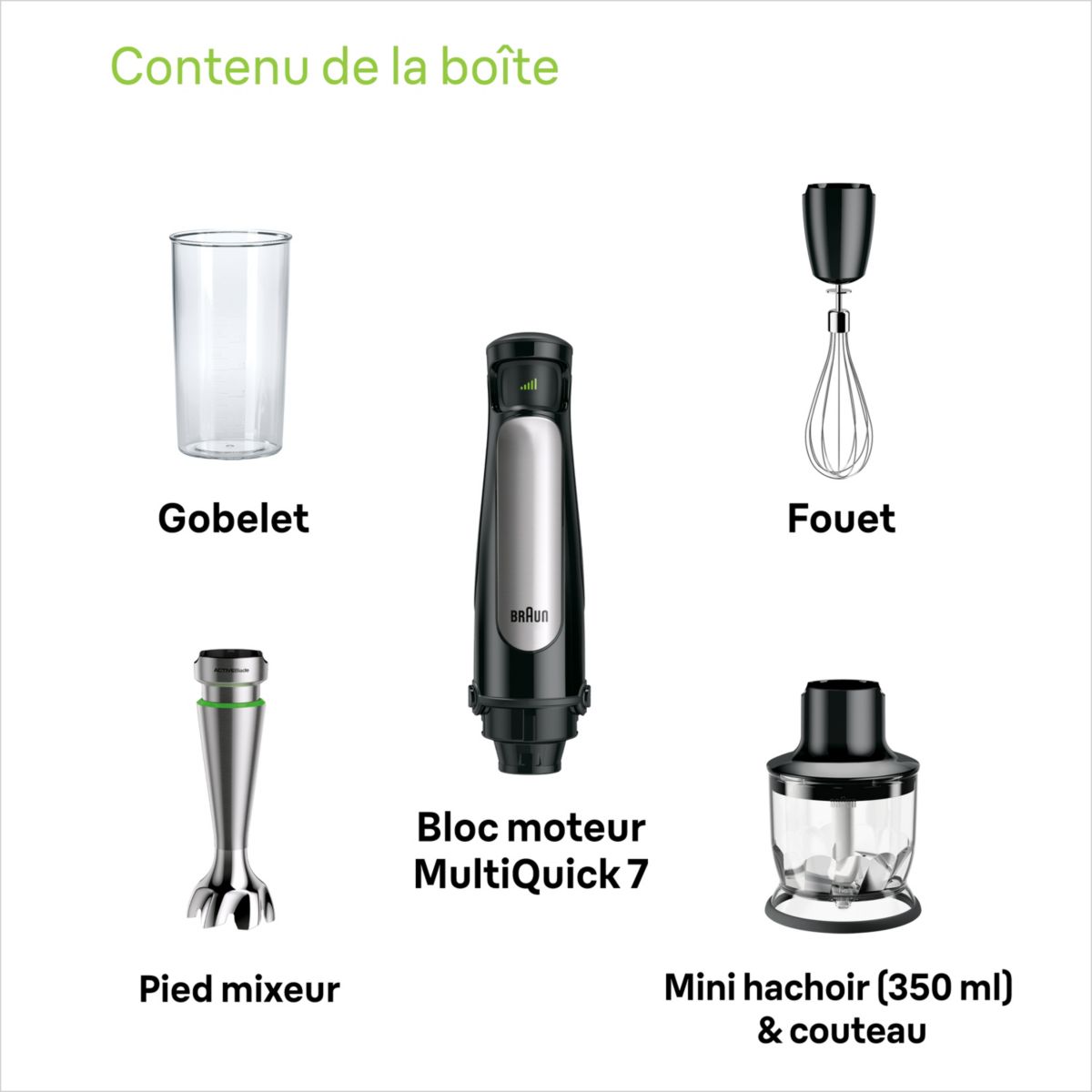 Mixeur MQ7026X MultiQuick 7 gris et noir 2 accessoires inox/noir, BRAUN