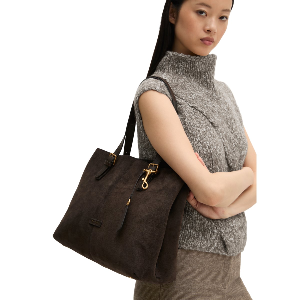Sac cabas modèle Phillis en cuir de vachette velours souple marron, MARC O'POLO