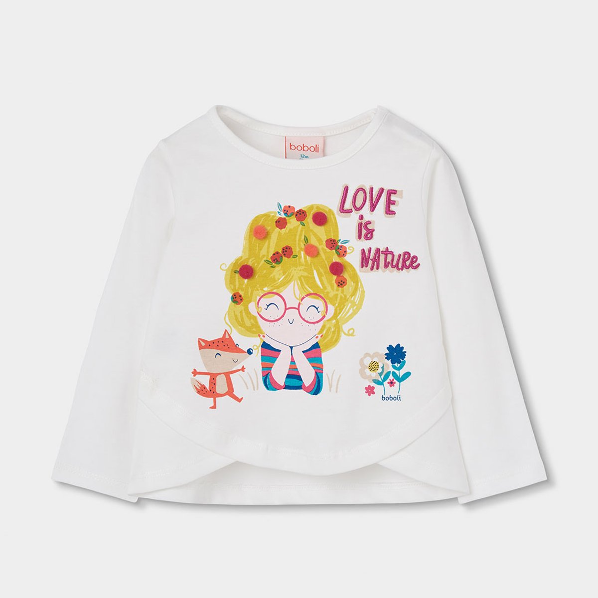T-shirt fille en maille imprimé et renard blanc, BOBOLI