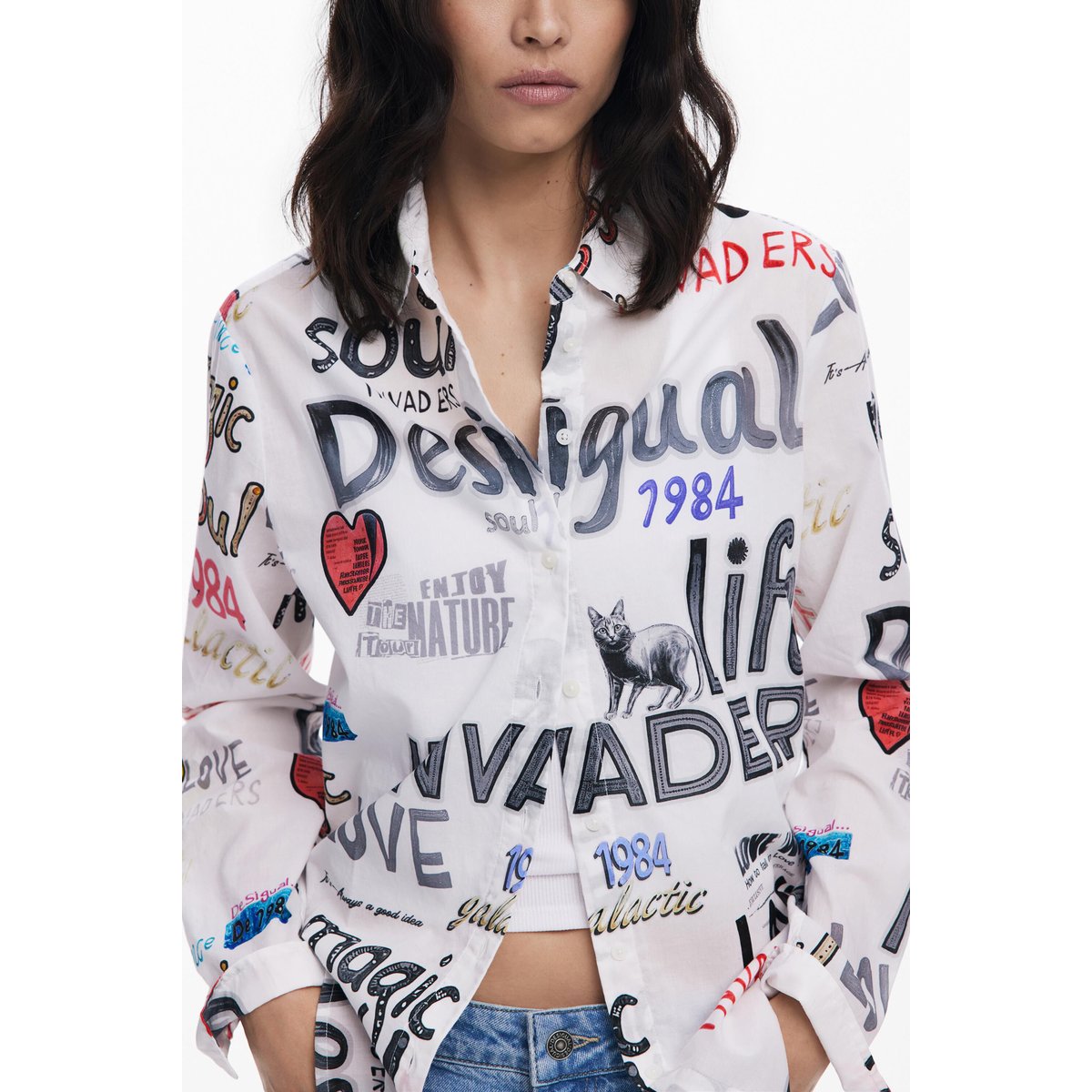 Chemise en coton à lettres beige, DESIGUAL